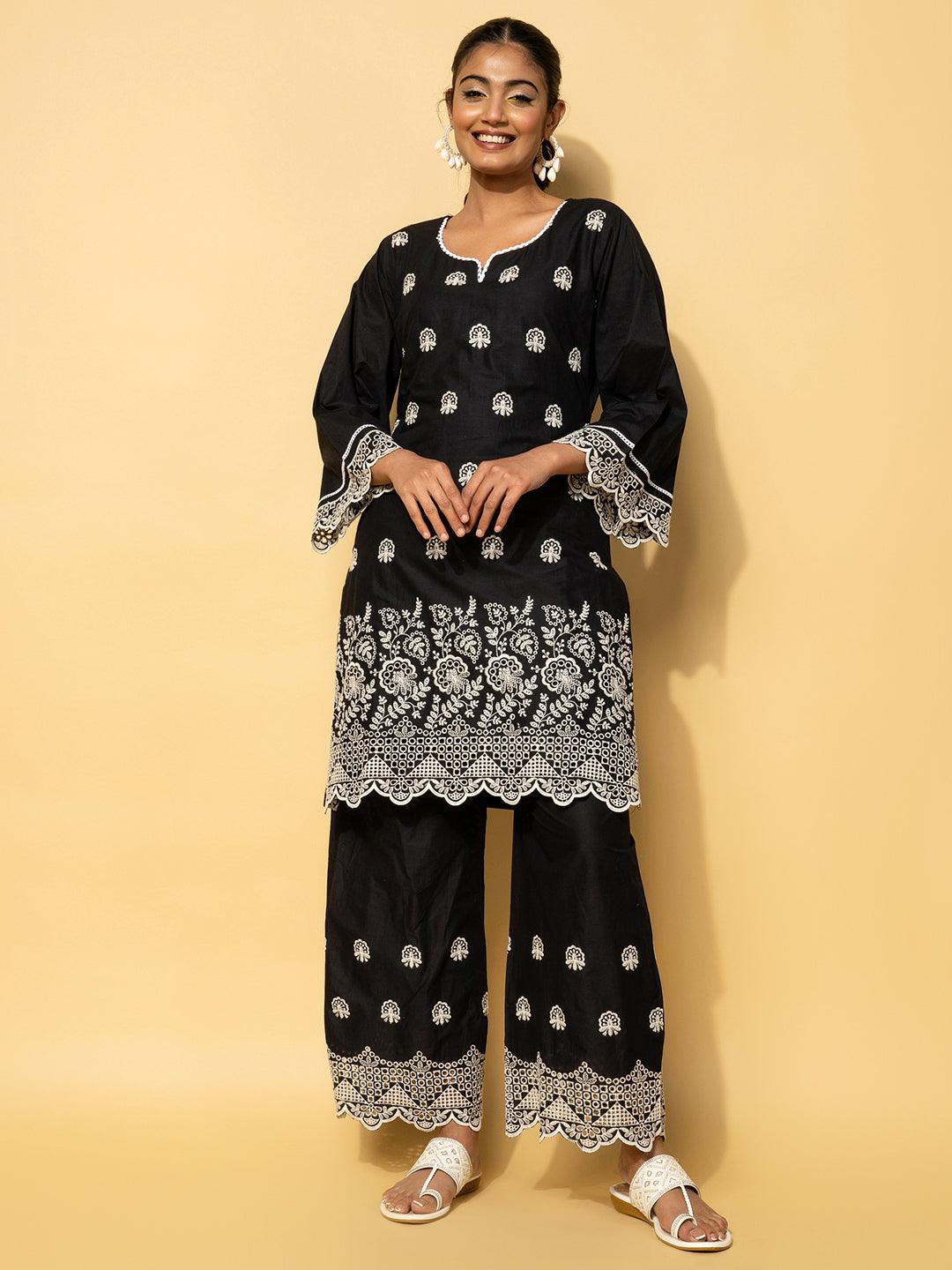 Black Embroidered Cotton Co-Ords