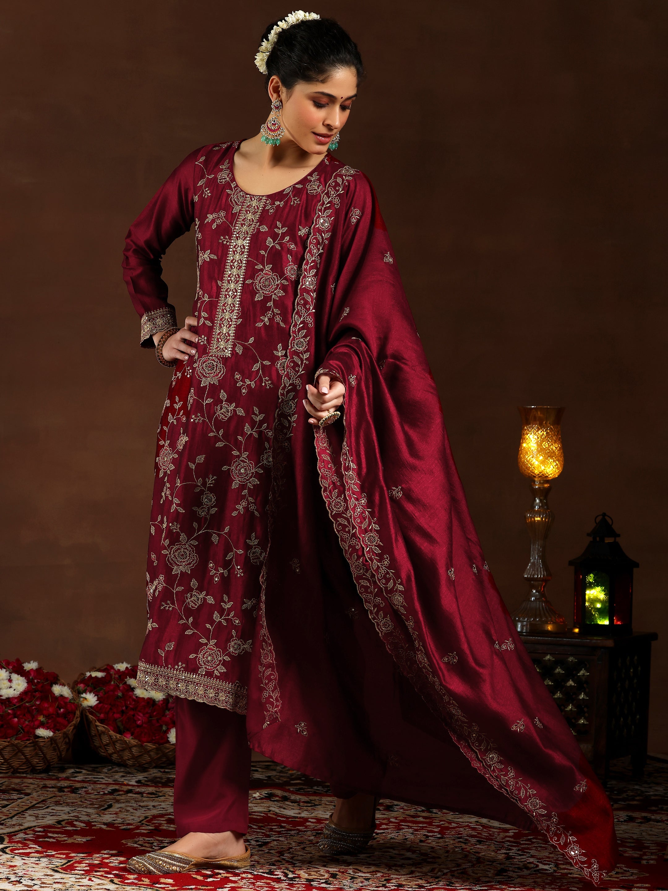 Maroon Embroidered Silk Blend Straight Suit With Dupatta