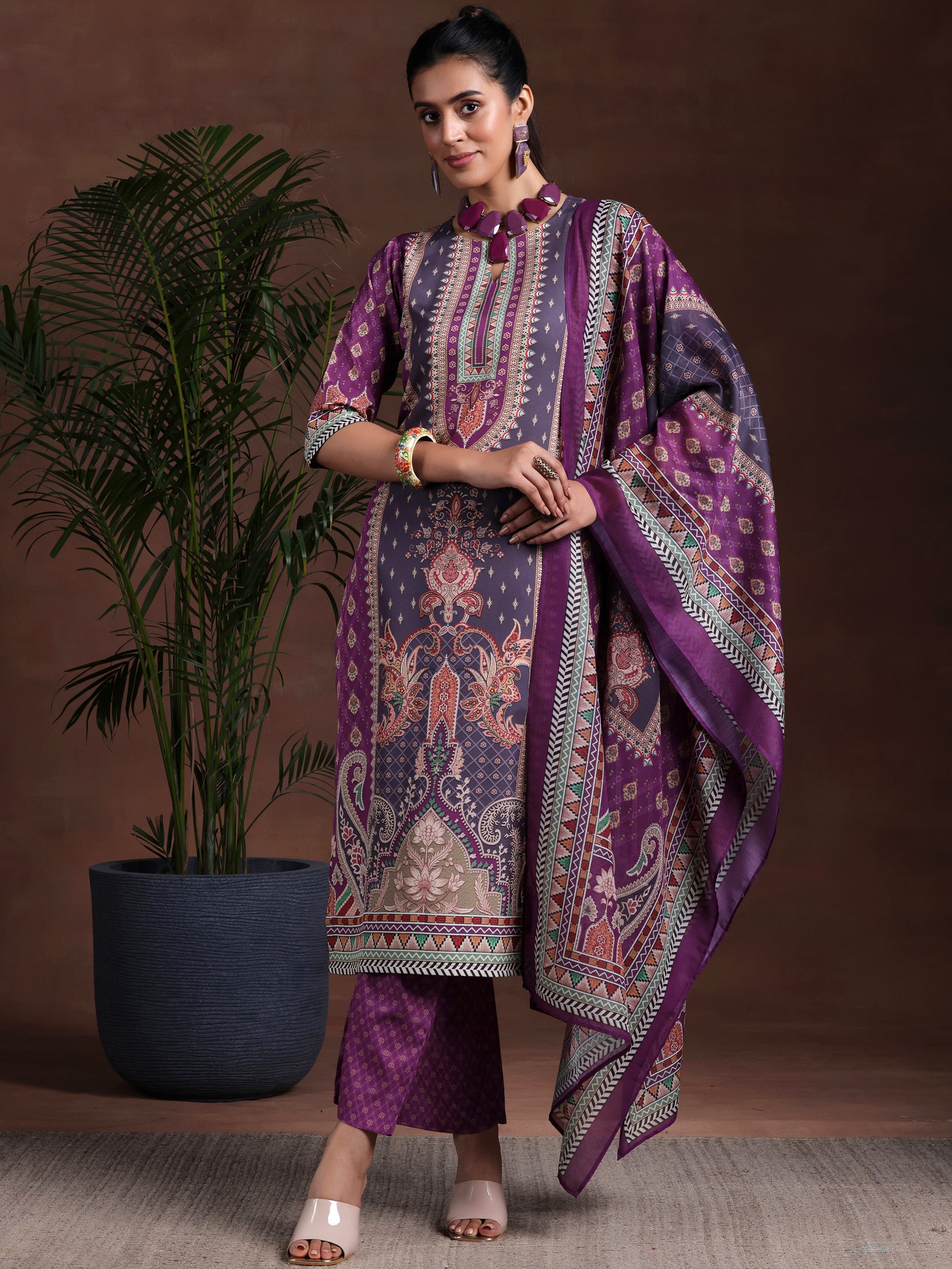 Purple Printed Poly Crepe Straight Suit With Dupatta