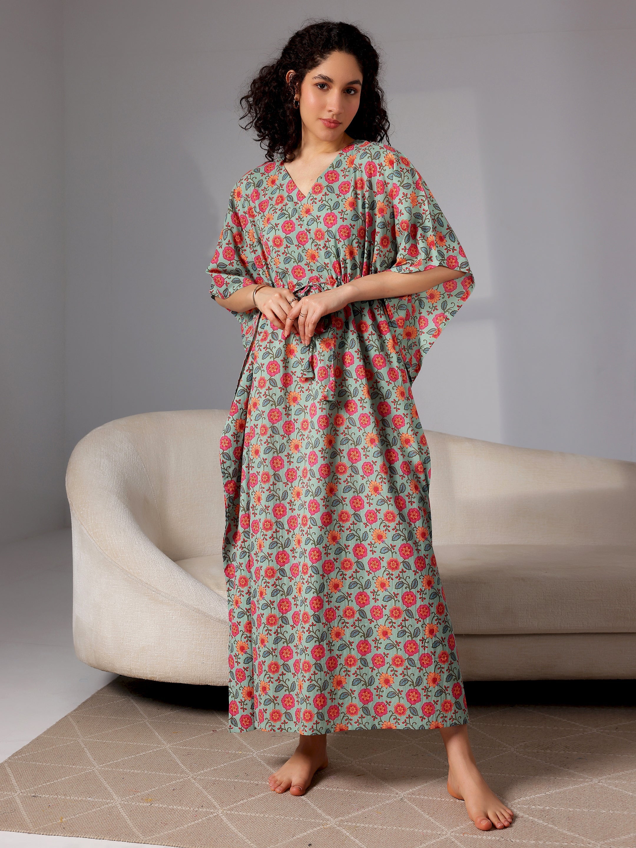 Green Printed Cotton Kaftan Night Dress