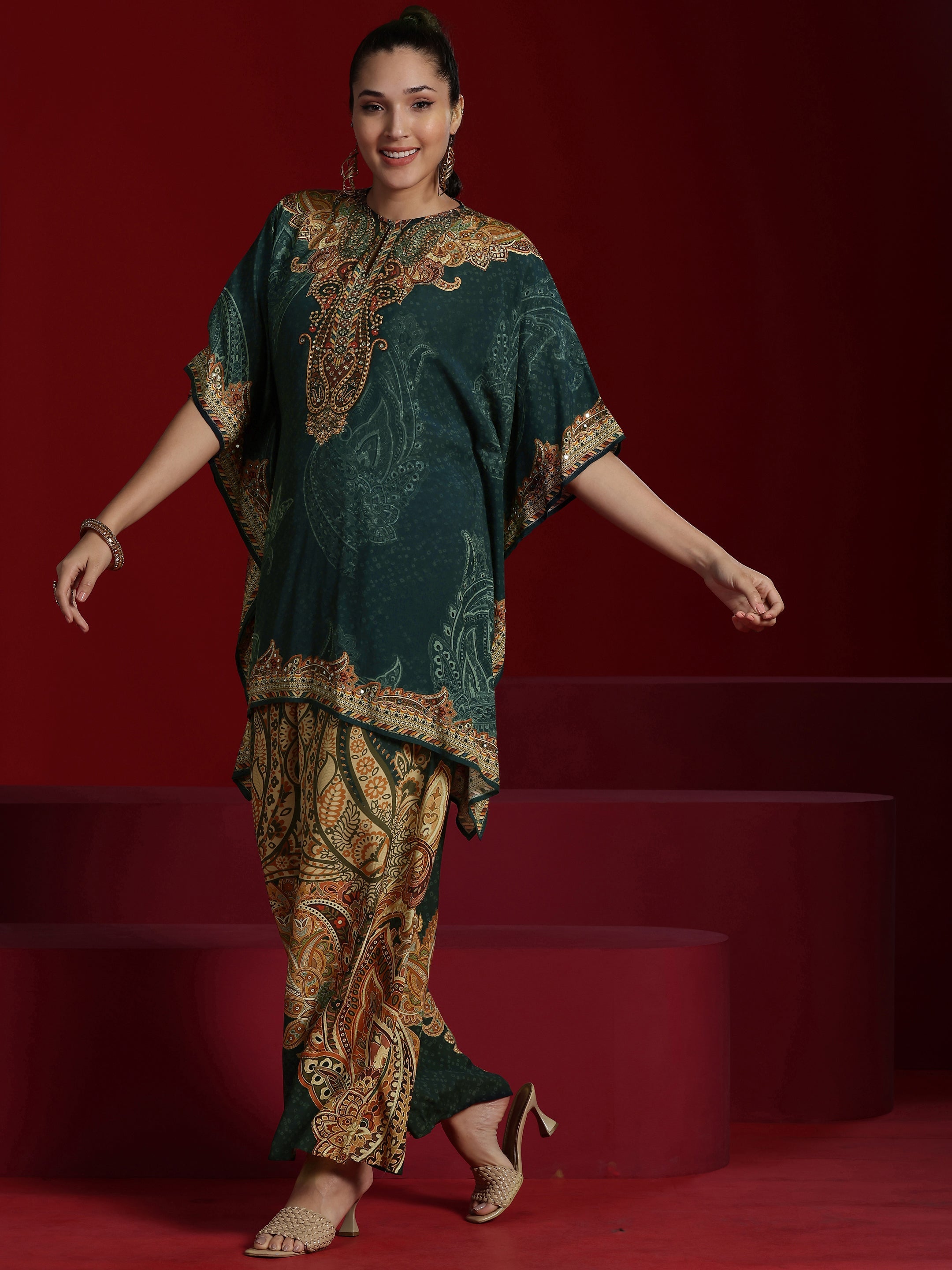 Libas Art Green Printed Silk Blend Straight Kurta With Palazzos