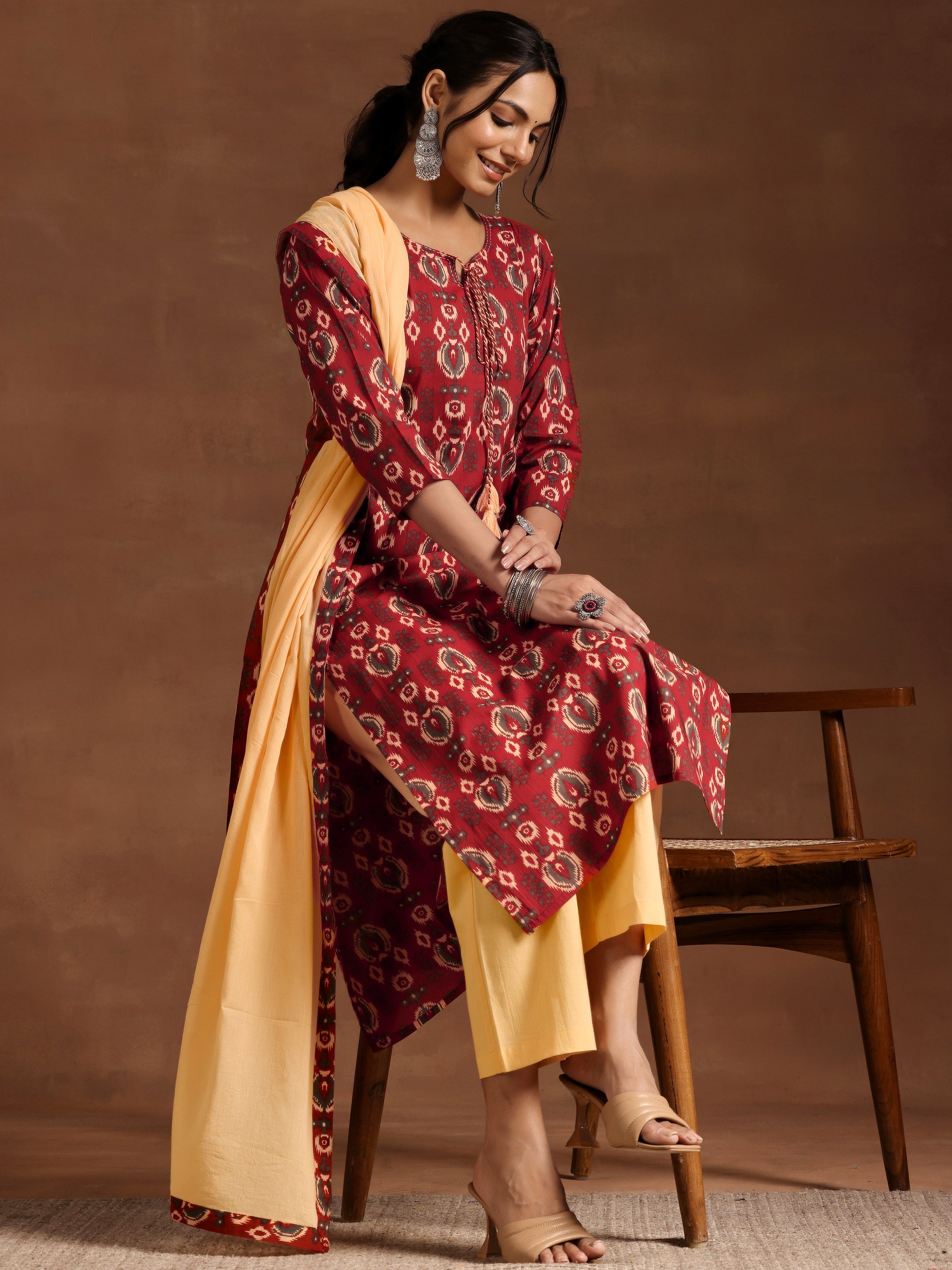 Maroon Printed Cotton Straight Suit With Dupatta