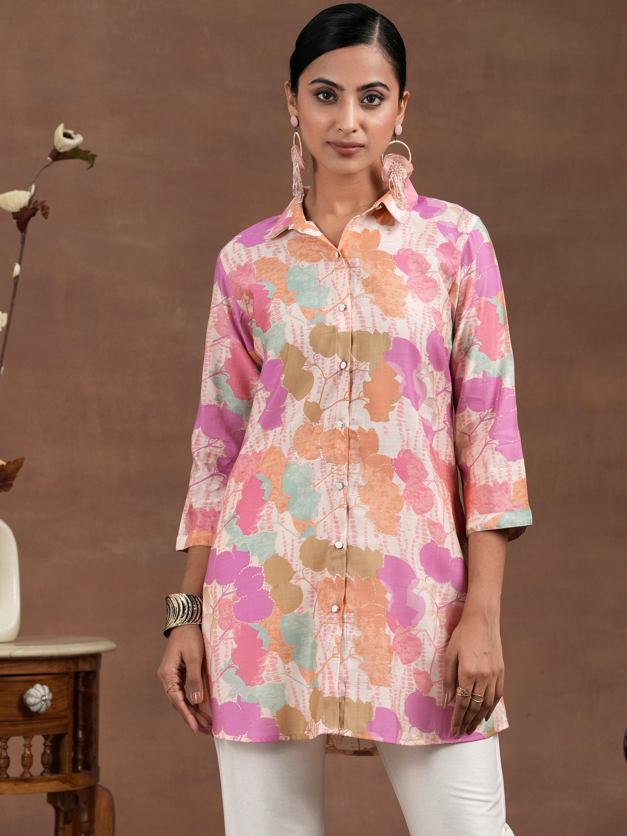 Pink Printed Silk Blend Straight Kurti