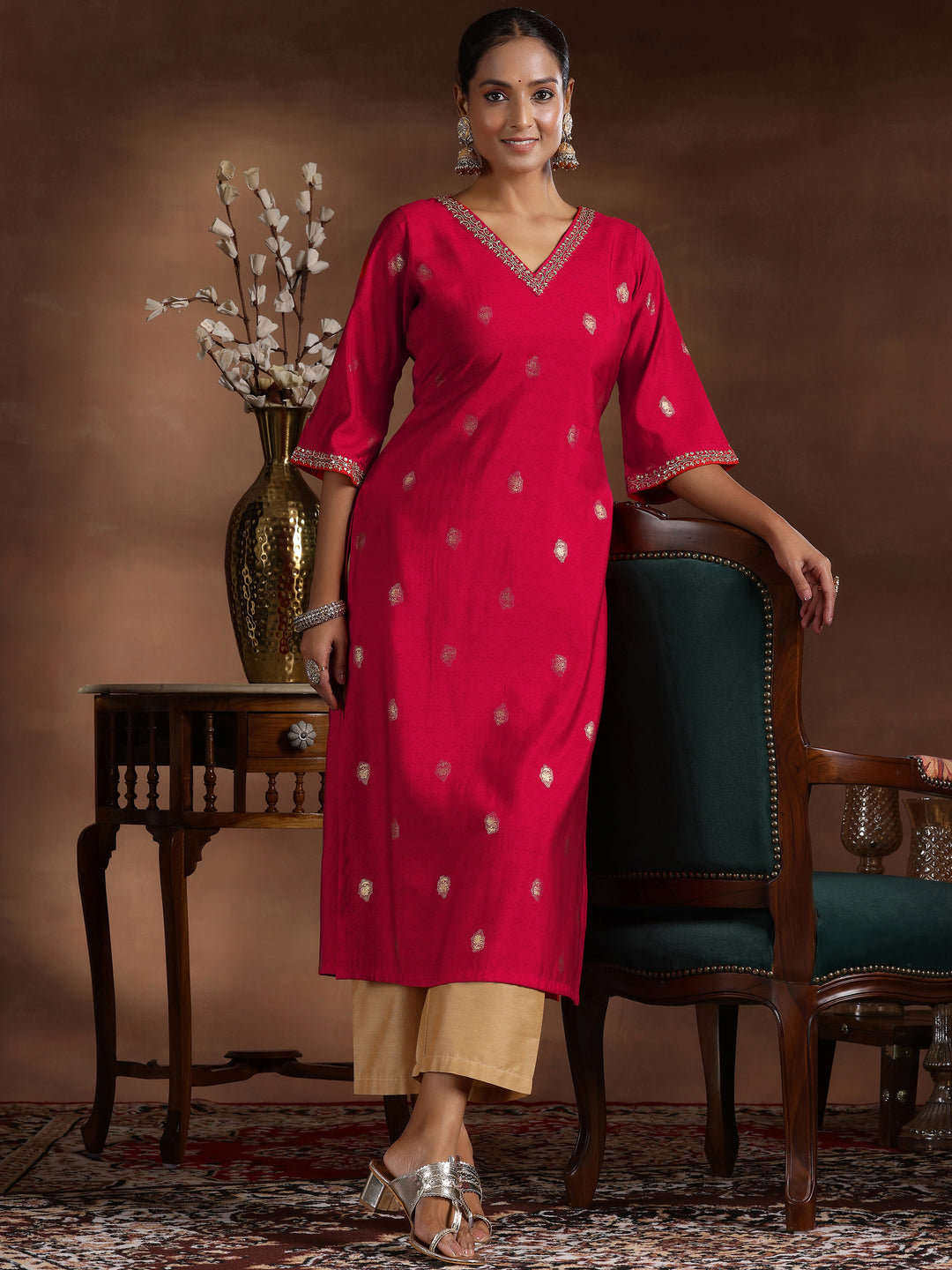 Red Printed Silk Straight Kurta