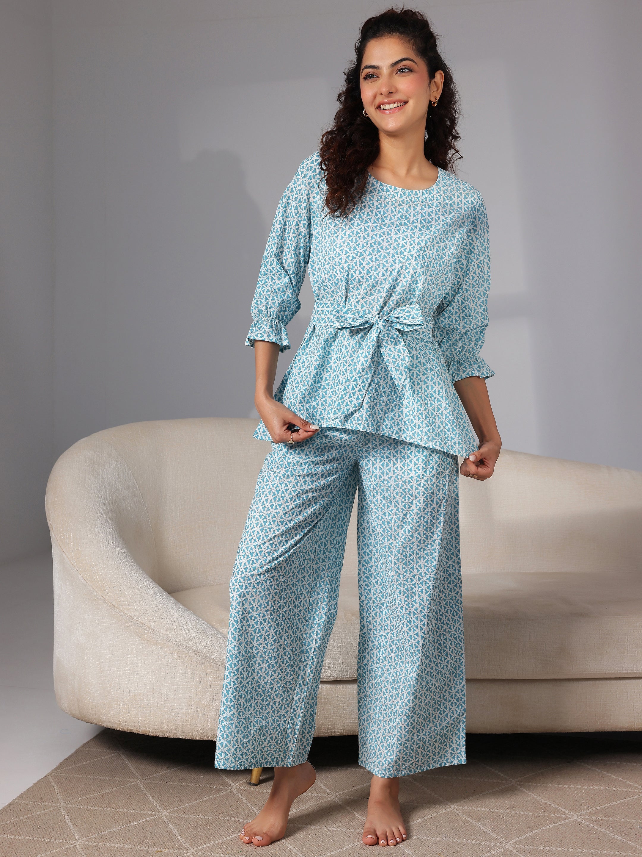 Blue Printed Cotton Night Suits