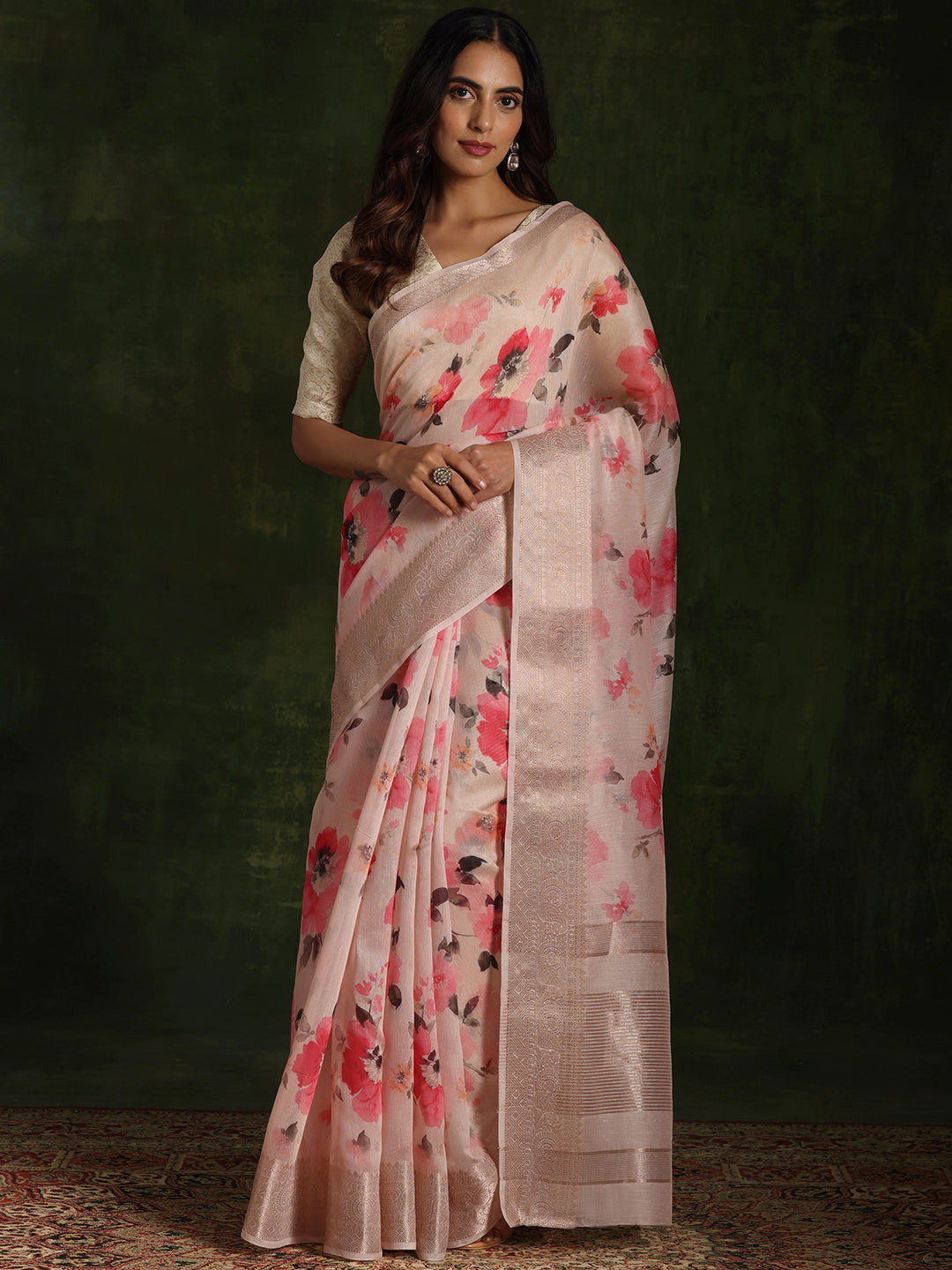 Pink Printed Silk Blend Saree With Unstitched Blouse Piece