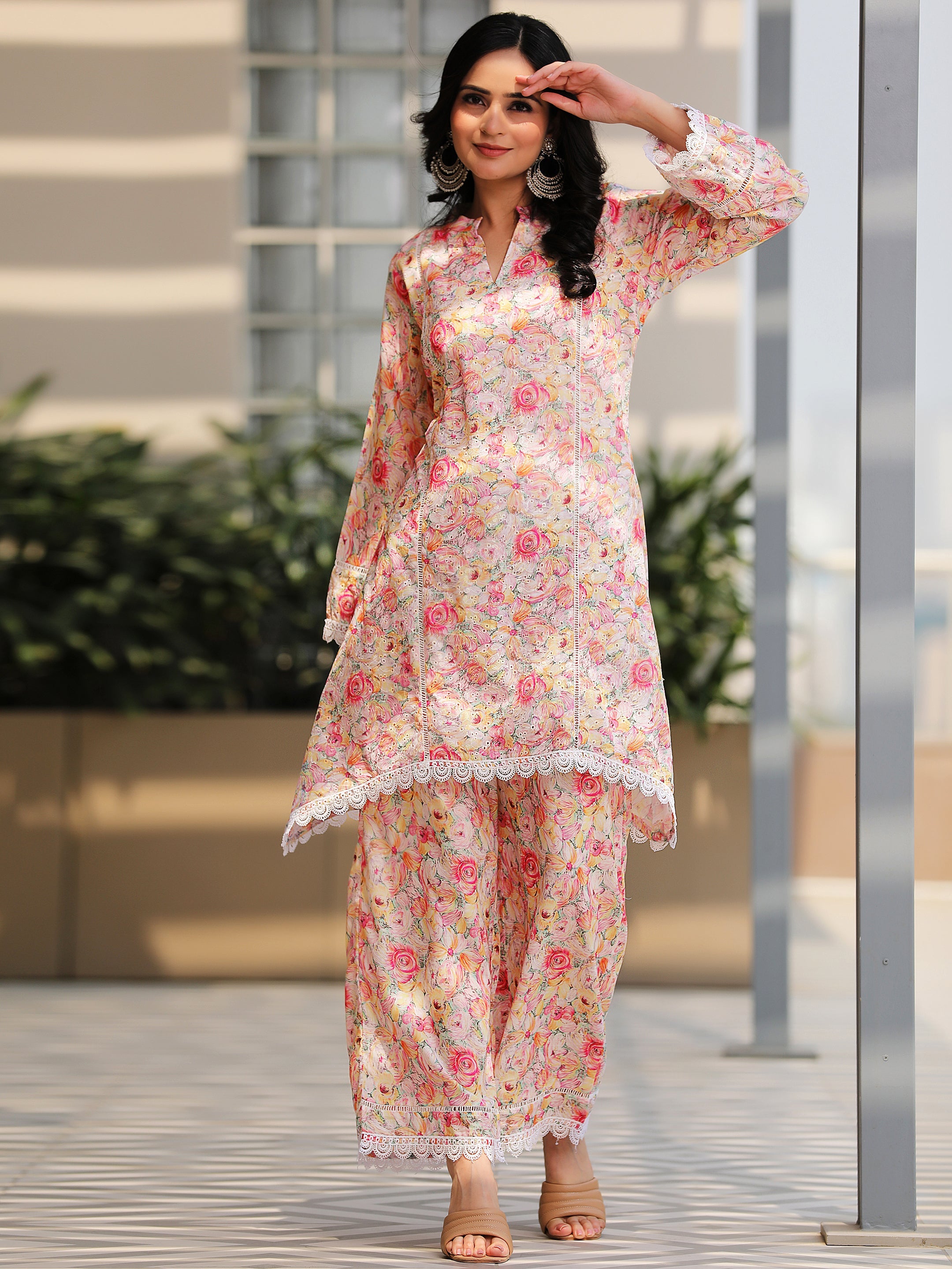 Multi Printed Cotton A-Line Kurta With Palazzos