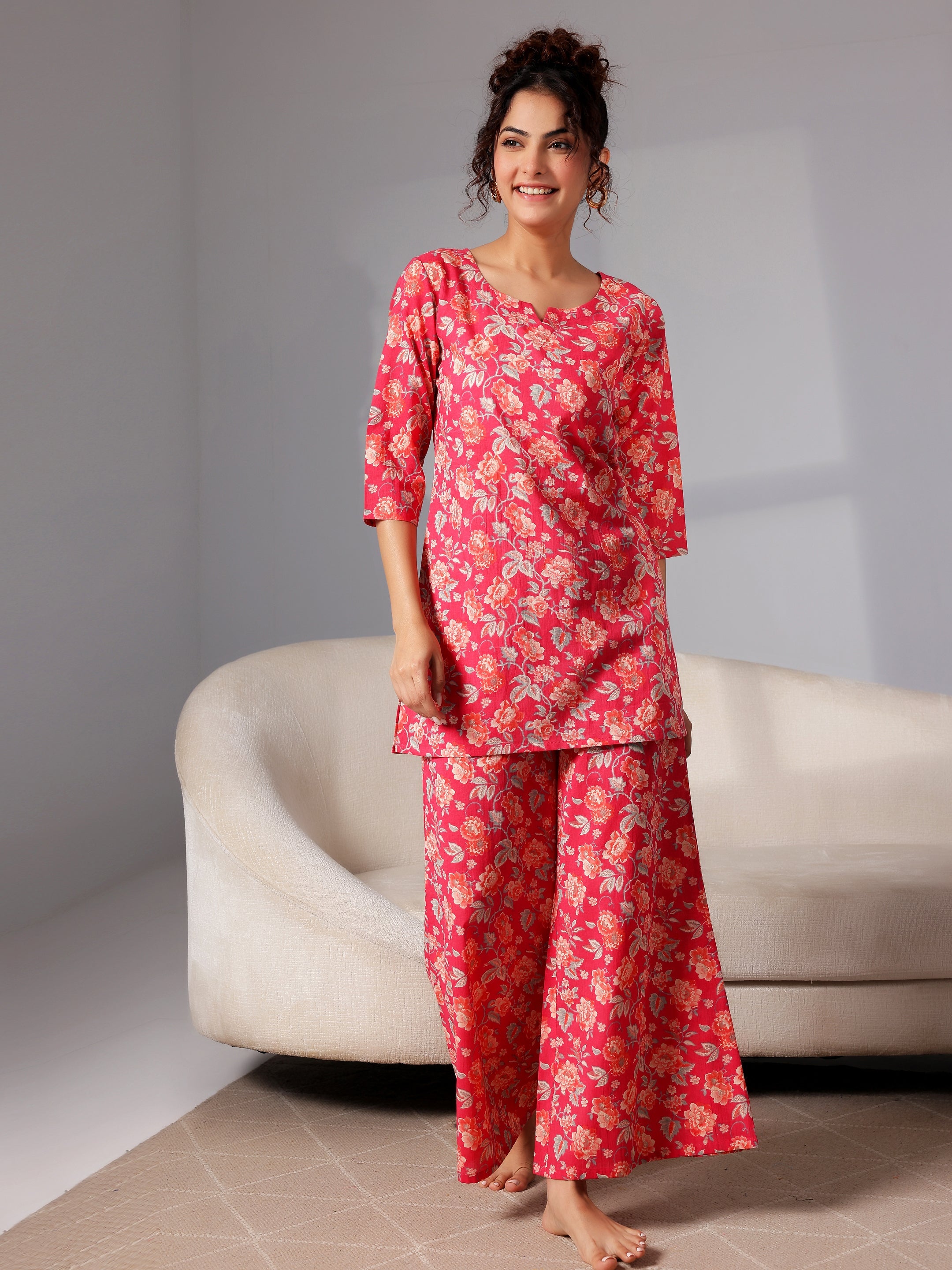 Coral Printed Cotton Night Suits