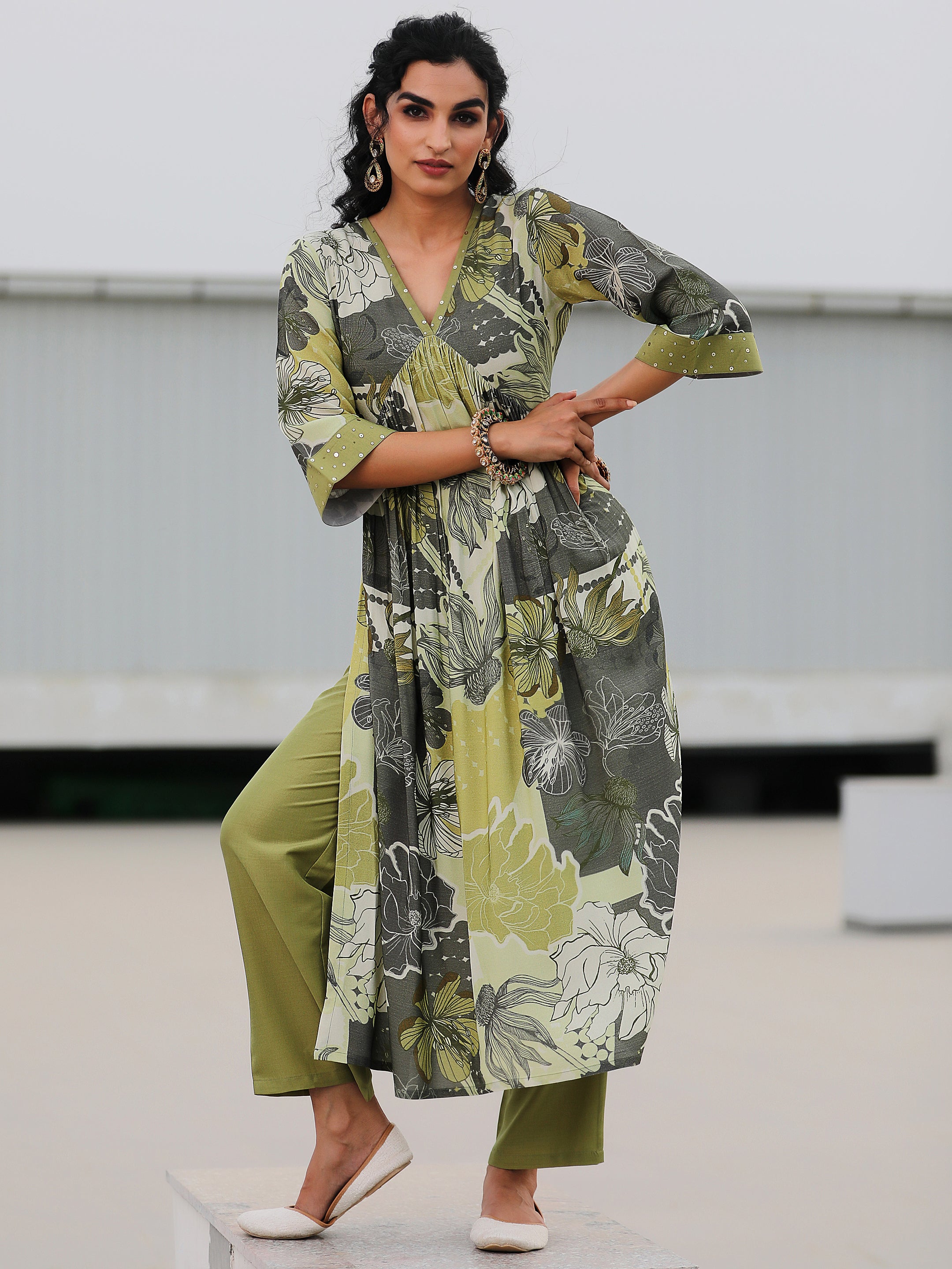 Green Printed Rayon A-Line Kurta With Trousers