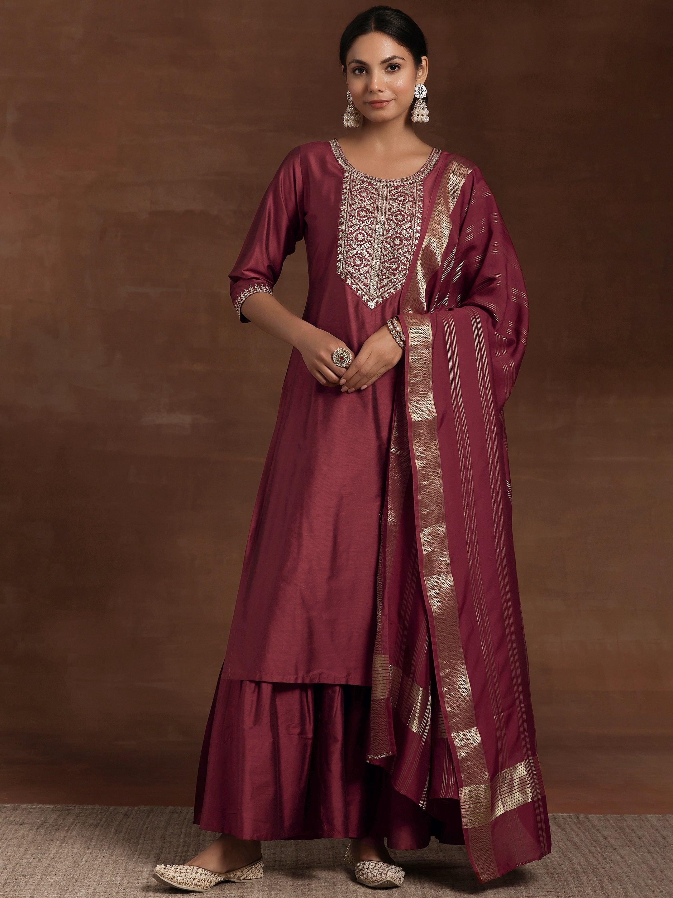 Rust Yoke Design Silk Blend Straight Suit With Dupatta