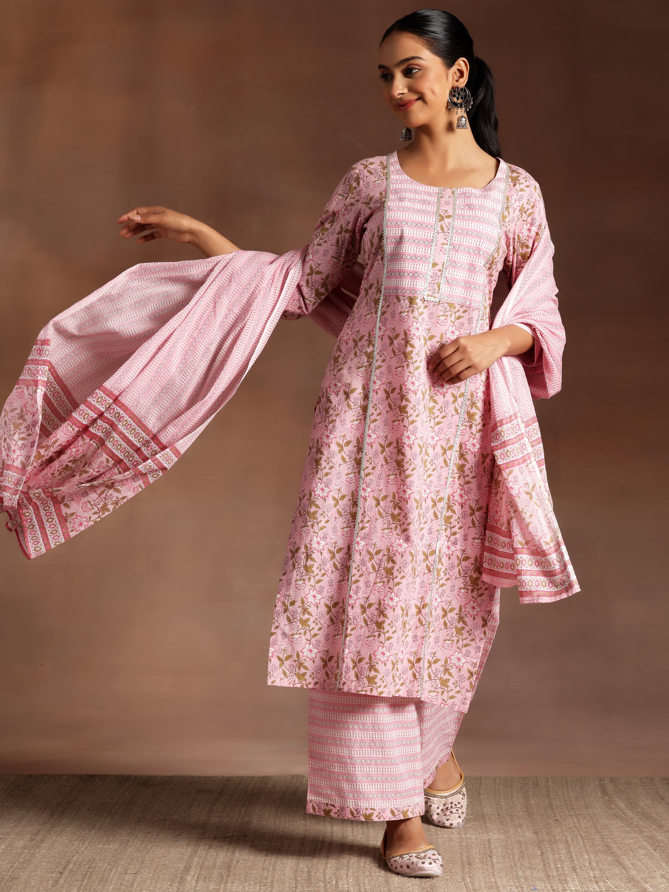 Pink Yoke Design Cotton Straight Suit With Dupatta