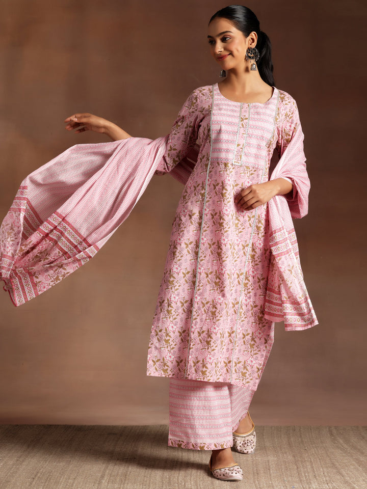 Pink Yoke Design Cotton Straight Kurta With Palazzos & Dupatta - ShopLibas