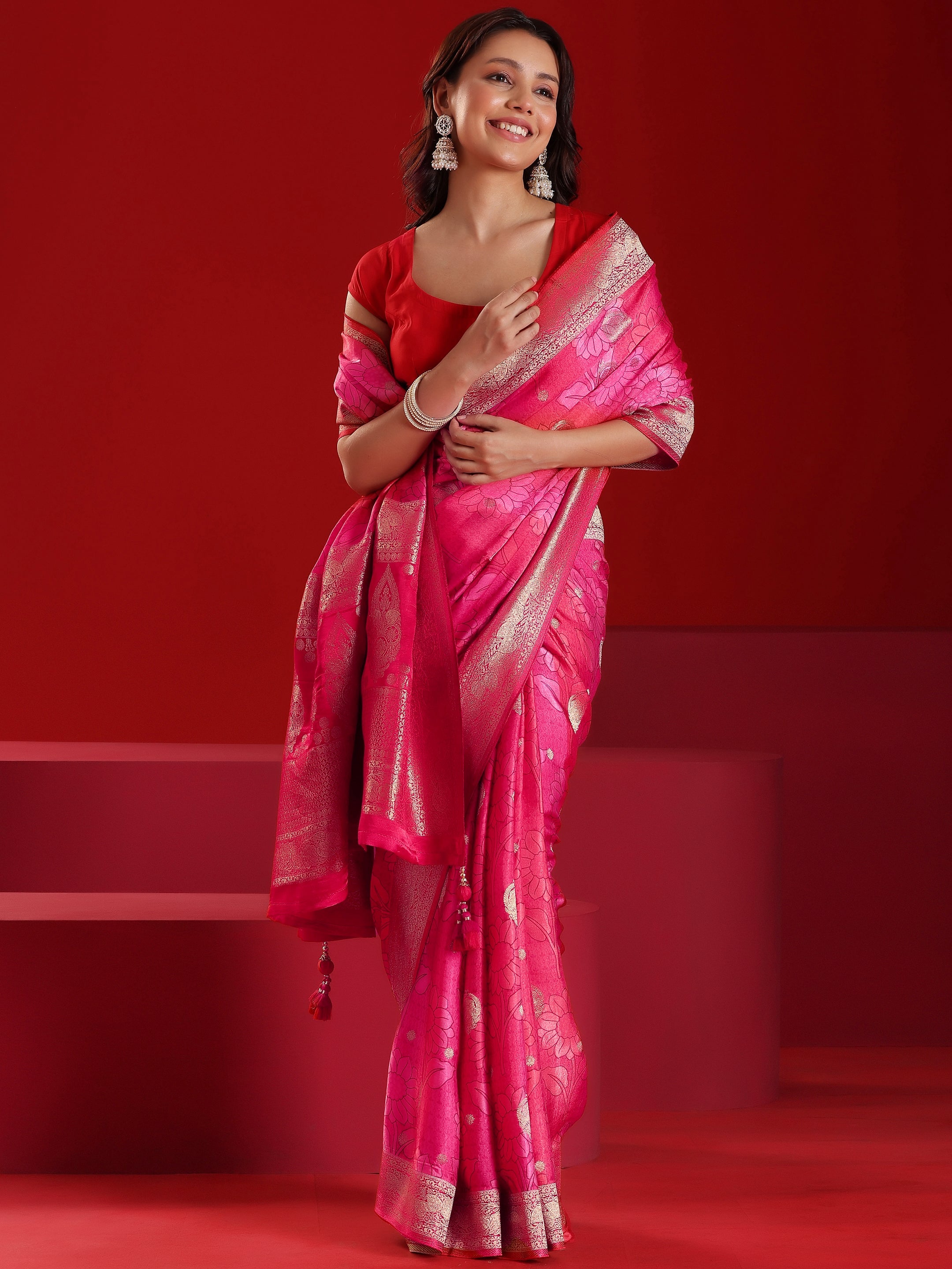 Libas Art Red Printed Satin Saree With Unstitched  Blouse Piece