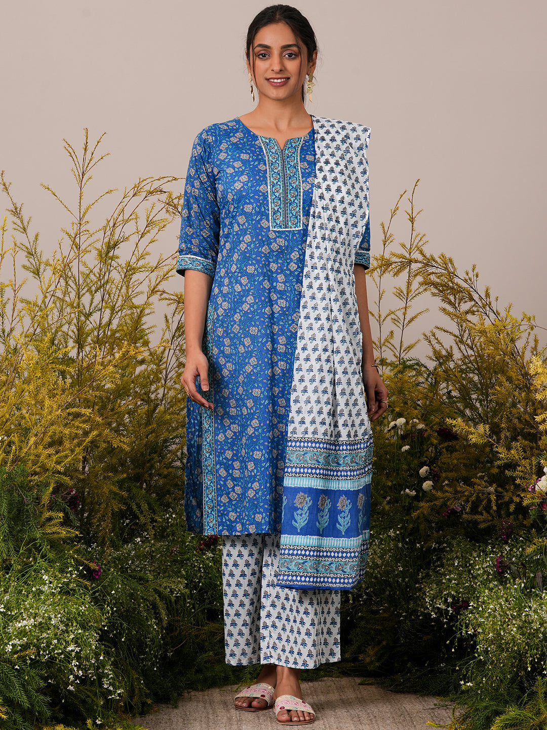 Blue Printed Cotton Straight Suit With Dupatta