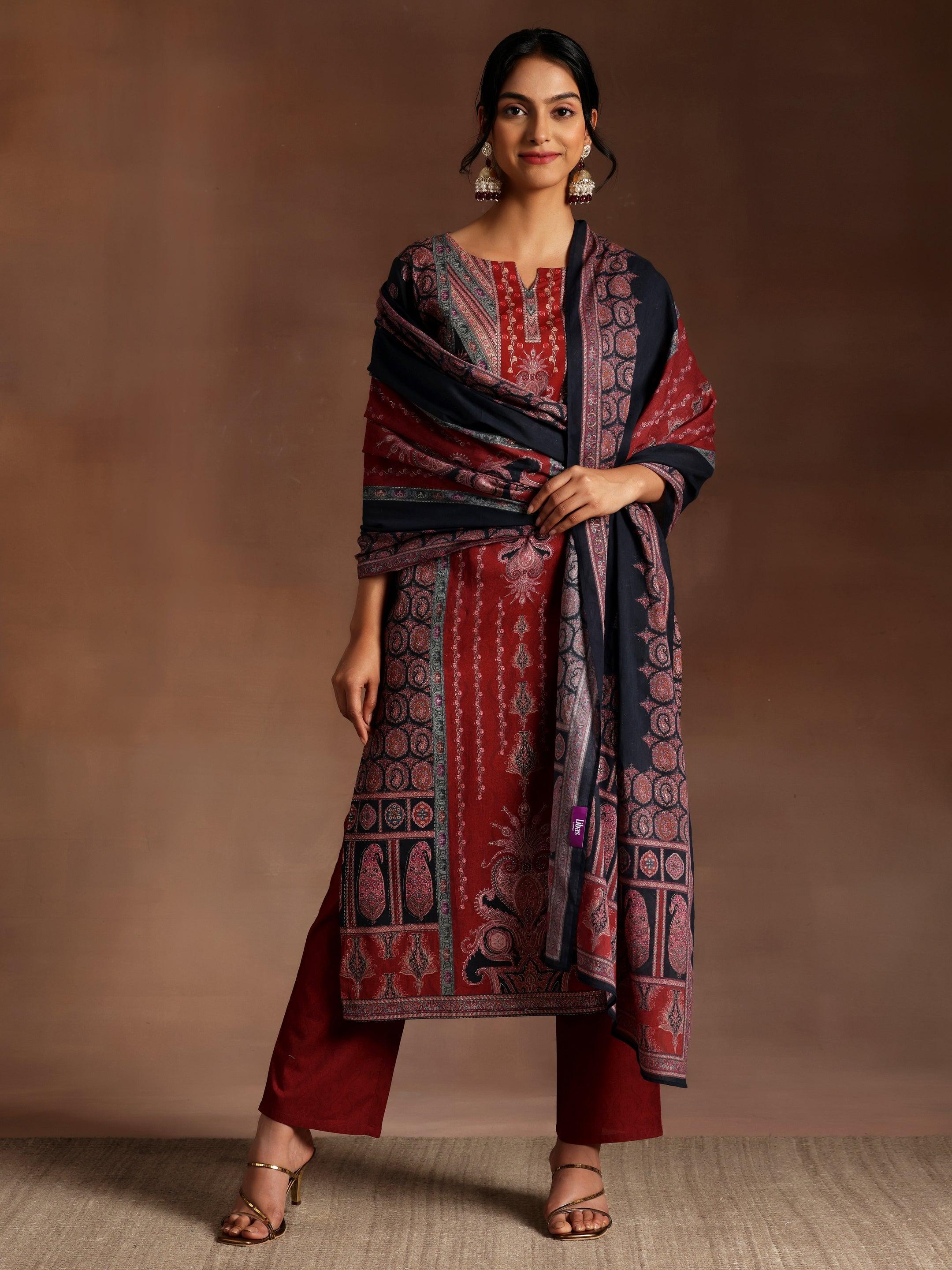 Black Printed Cotton Straight Suit With Dupatta