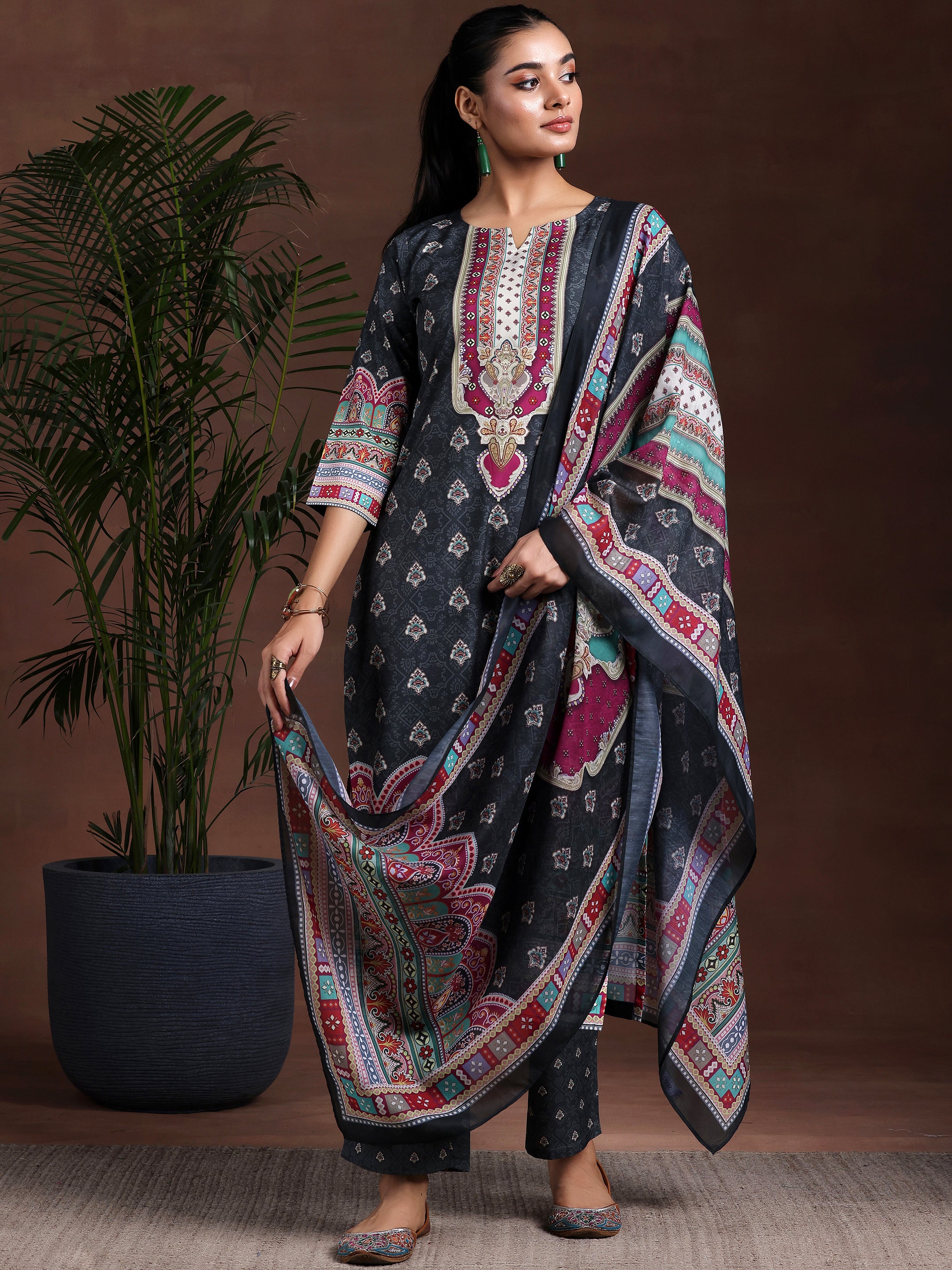 Black Printed Poly Crepe Straight Suit With Dupatta