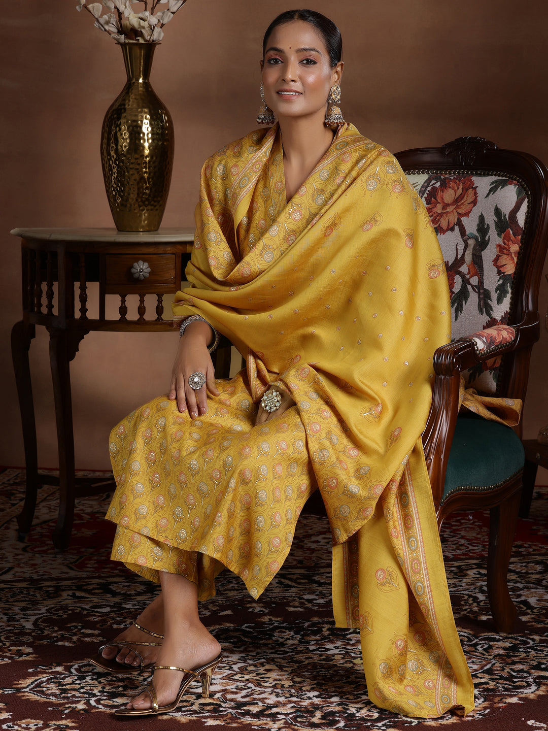 Mustard Printed Silk Blend Straight Suit With Dupatta