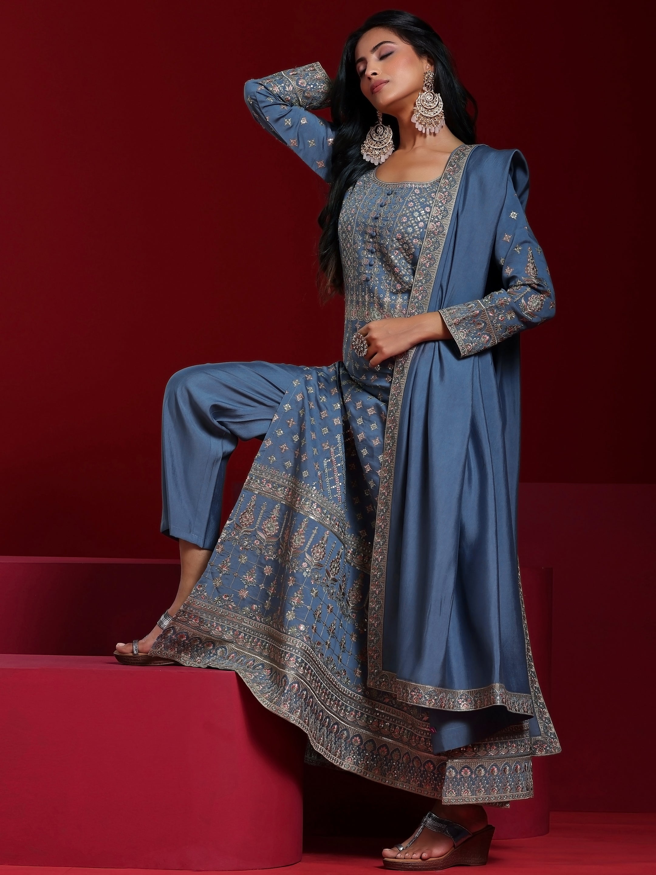 Libas Art Blue Embroidered Silk Blend A-Line Kurta With Sharara & Dupatta