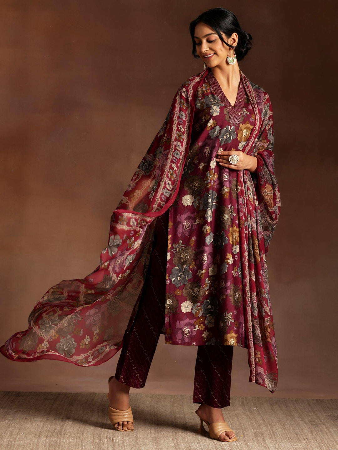 Burgundy Printed Silk Blend Straight Kurta With Trousers & Dupatta - ShopLibas