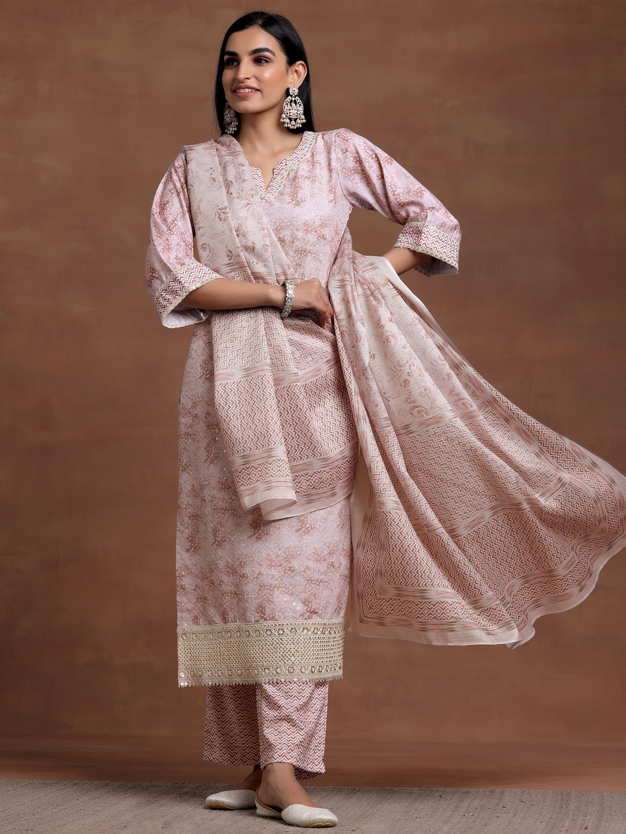 Beige Embroidered Cotton Blend Straight Suit With Dupatta