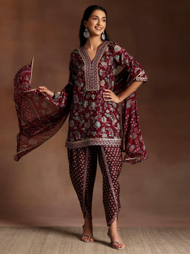 Burgundy Printed Silk Blend Straight Kurta With Dhoti Pants & Dupatta - ShopLibas