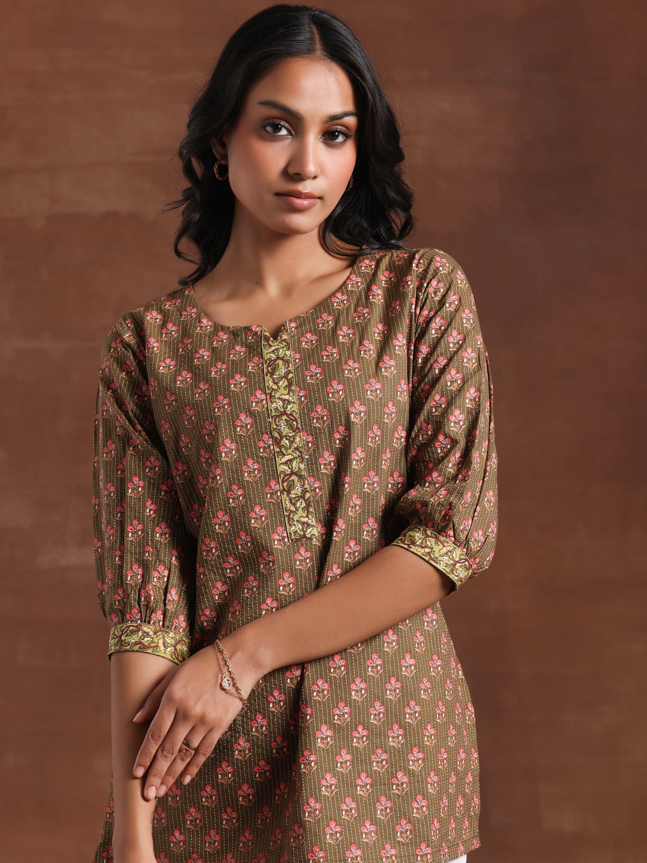 Olive Printed Cotton Straight Kurti