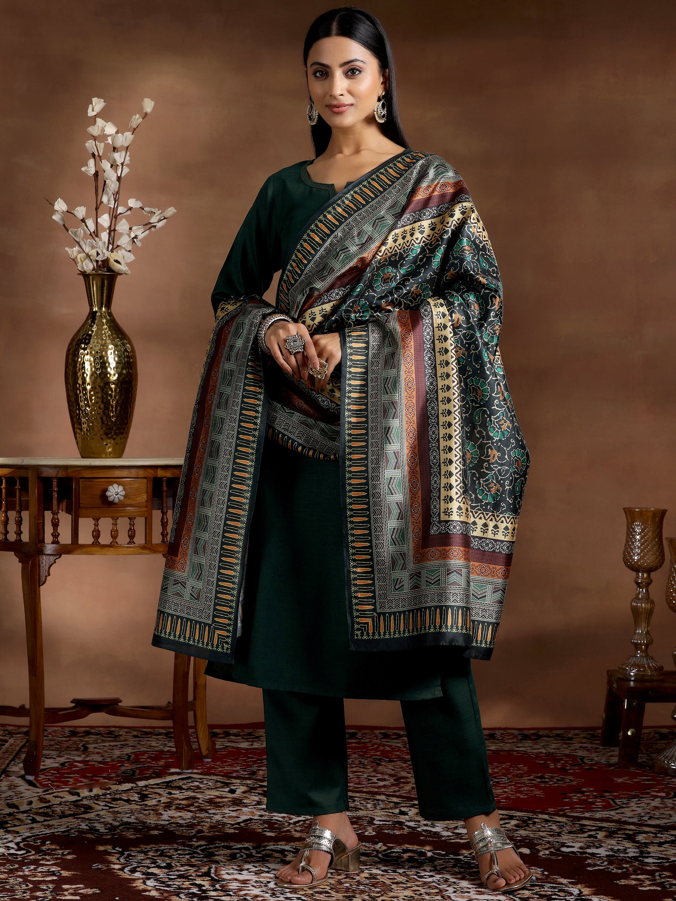 Green Solid Silk Blend Straight Suit With Dupatta