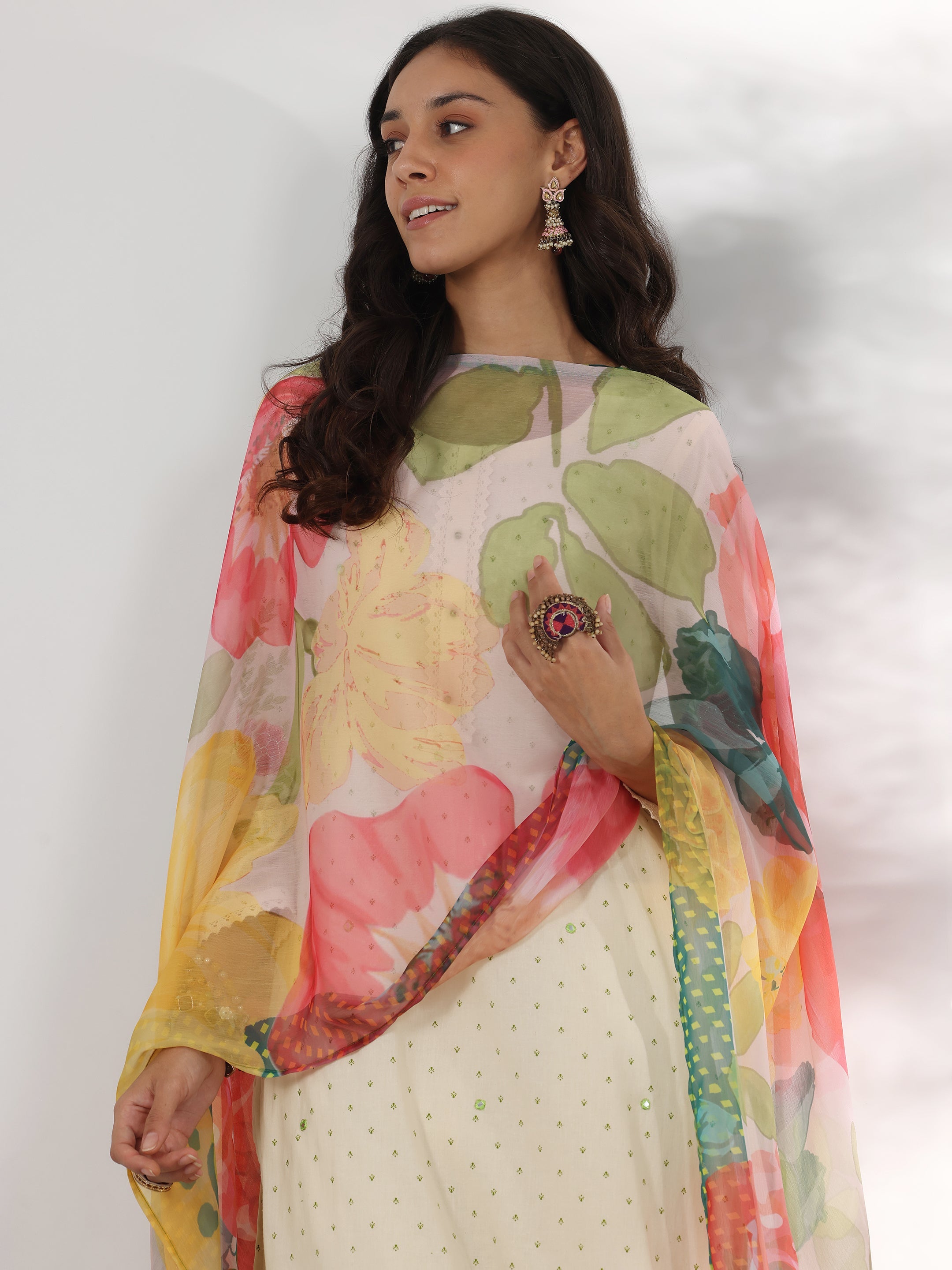 Off white Printed Cotton Straight Suit With Dupatta