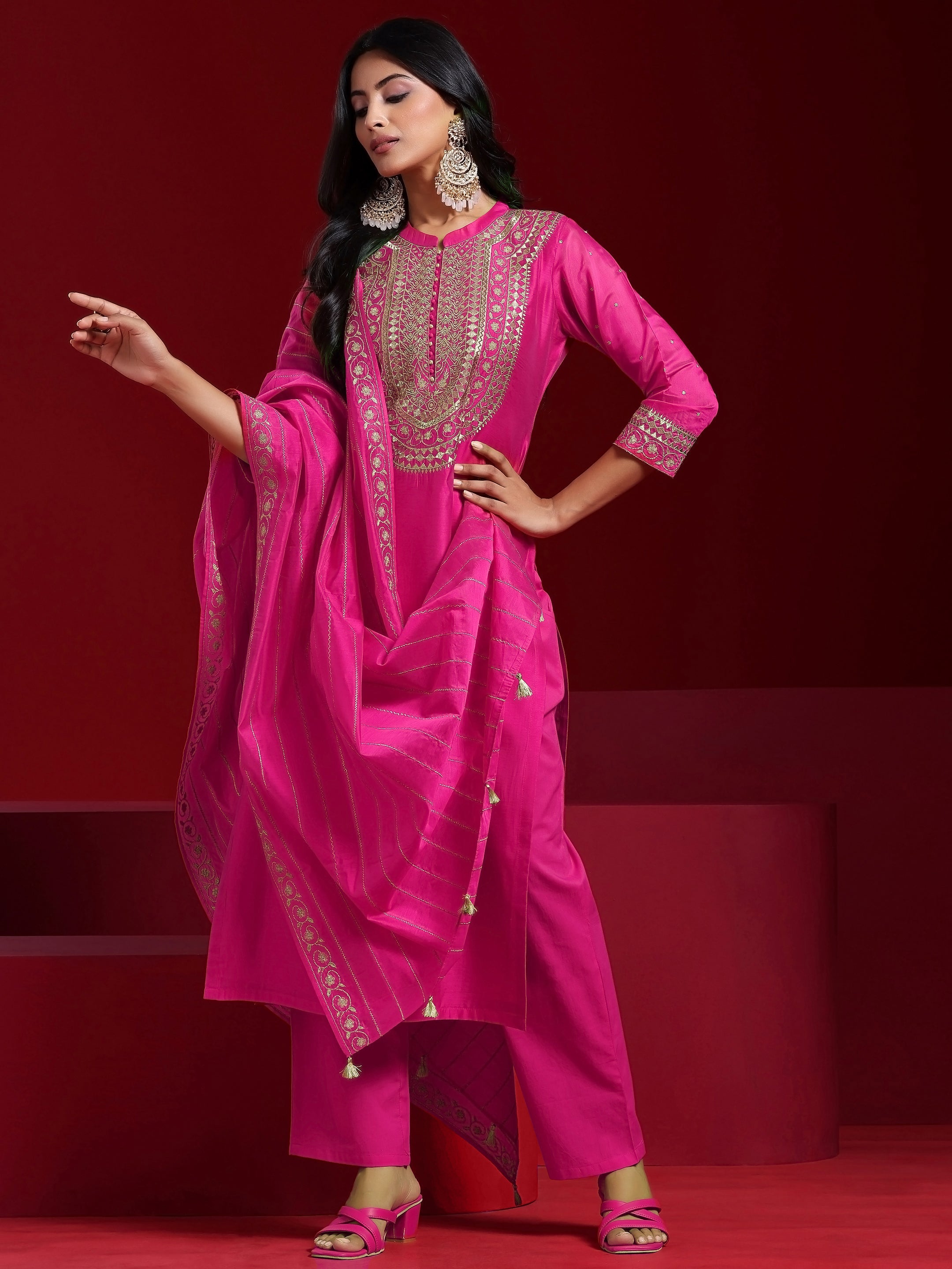 Libas Art Pink Yoke Design Chanderi Silk Straight Suit With Dupatta