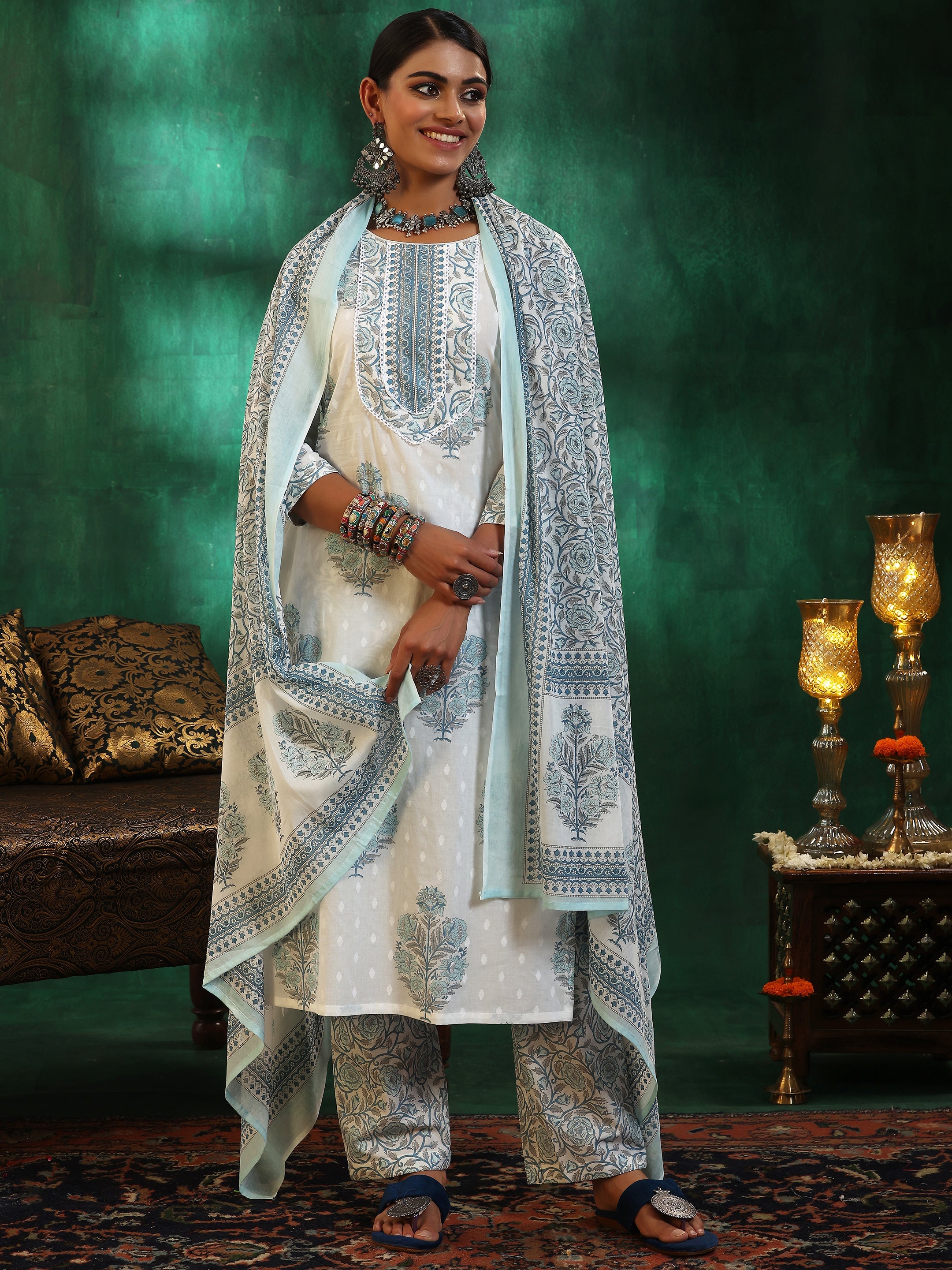 Off White Printed Cotton Straight Suit With Dupatta