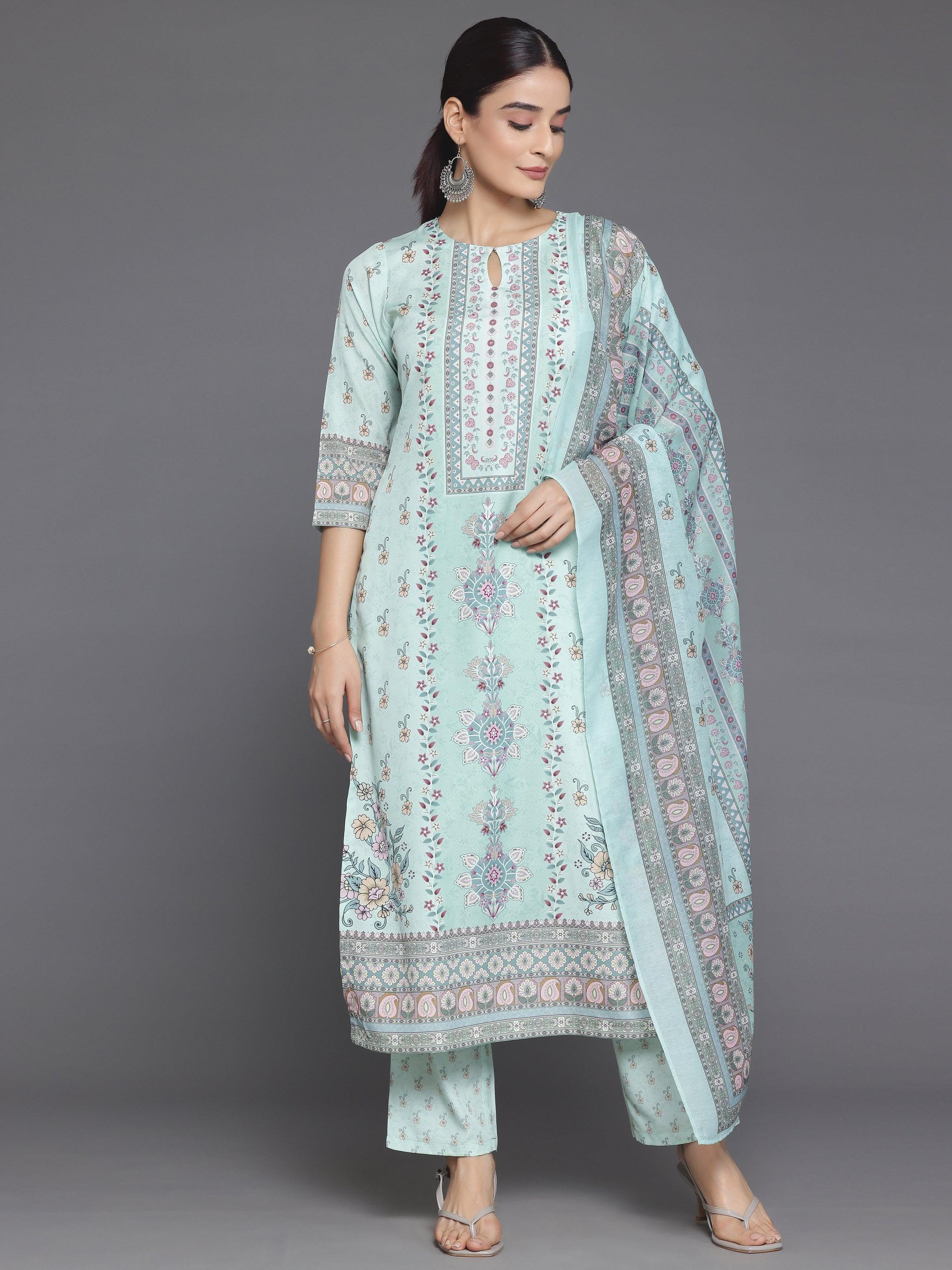 Green Printed Poly Crepe Straight Suit With Dupatta