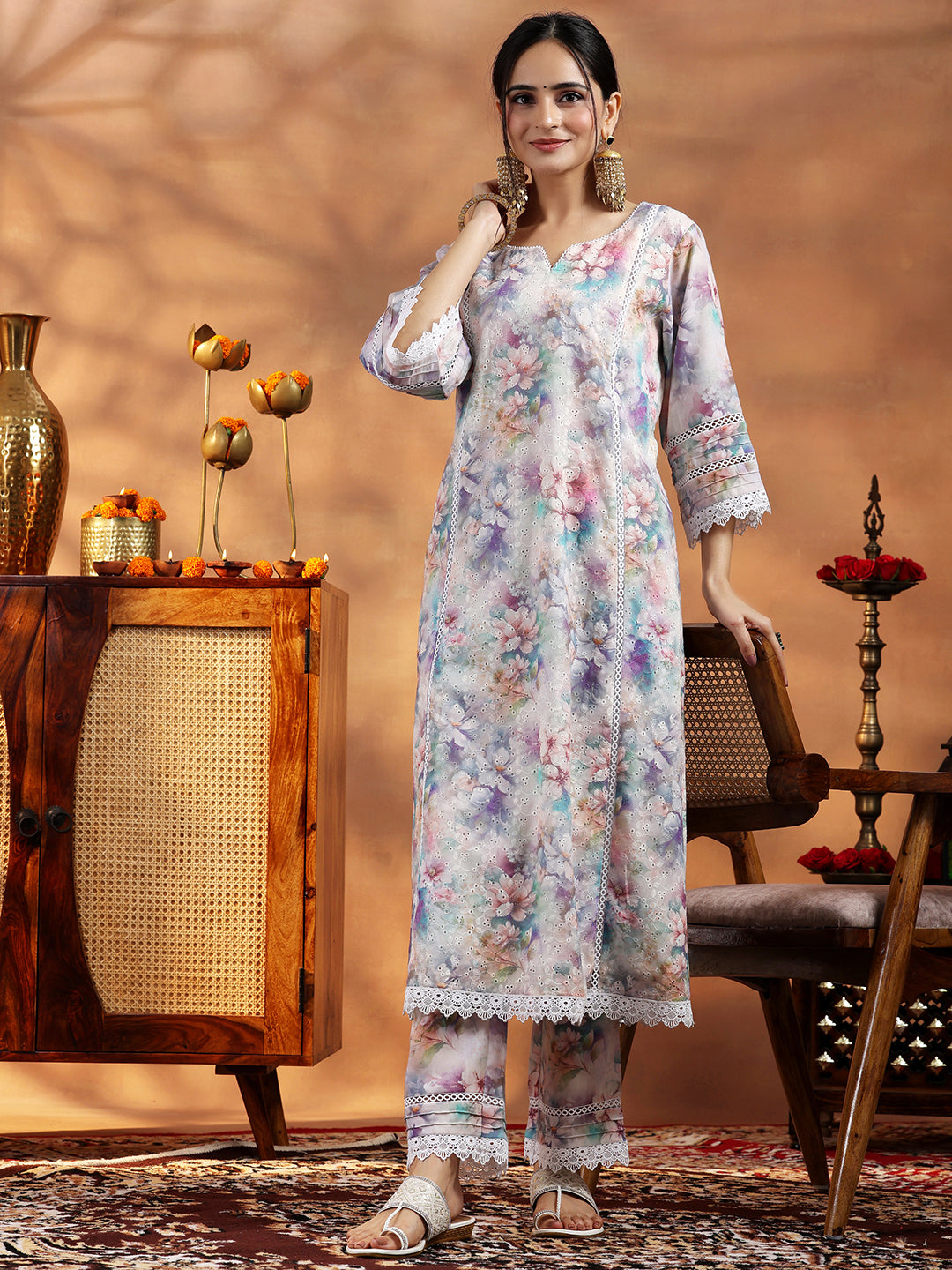 Multi Printed Cotton A-Line Kurta With Palazzos