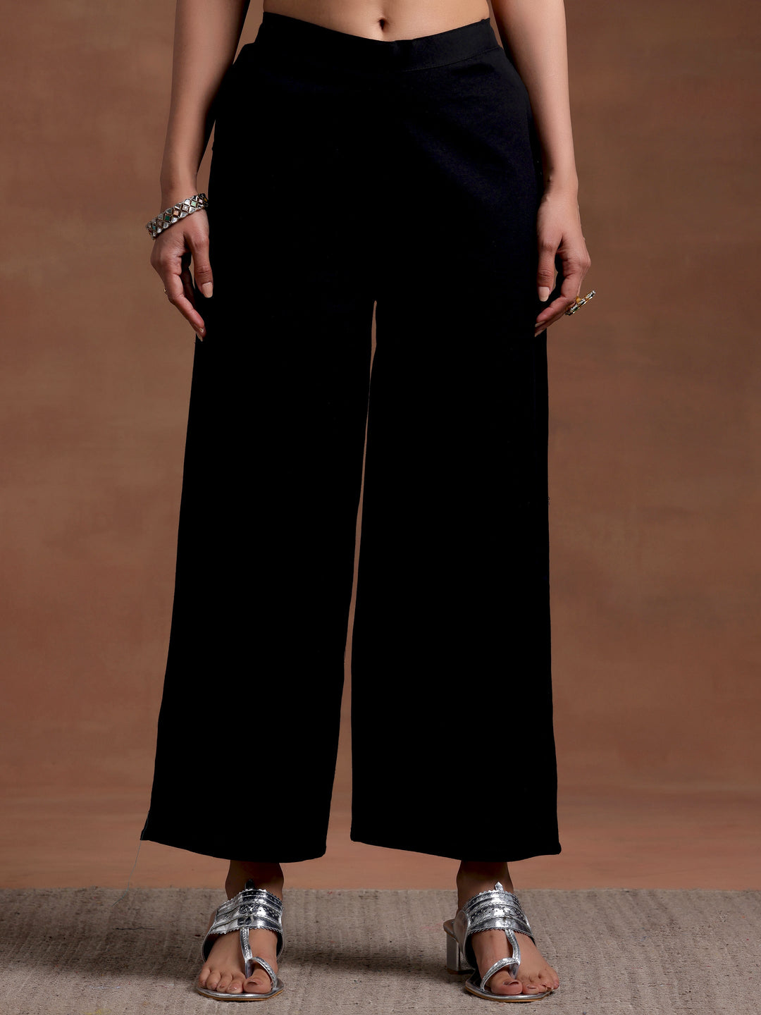 Black Solid Cotton Palazzos