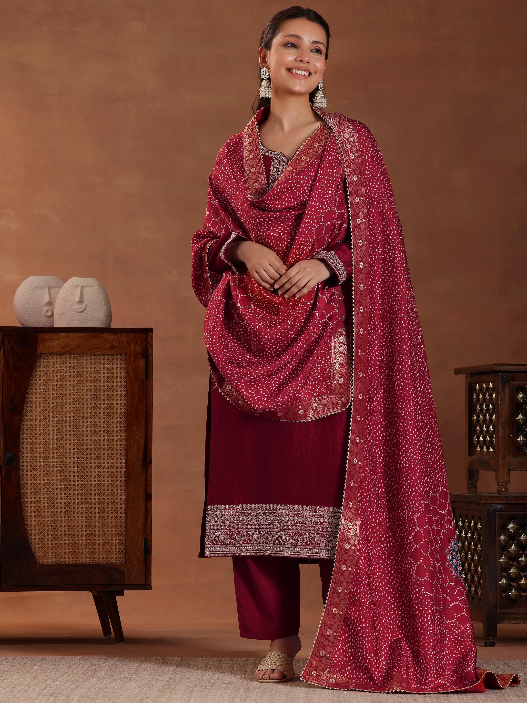 Maroon Embroidered Silk Blend Straight Suit With Dupatta