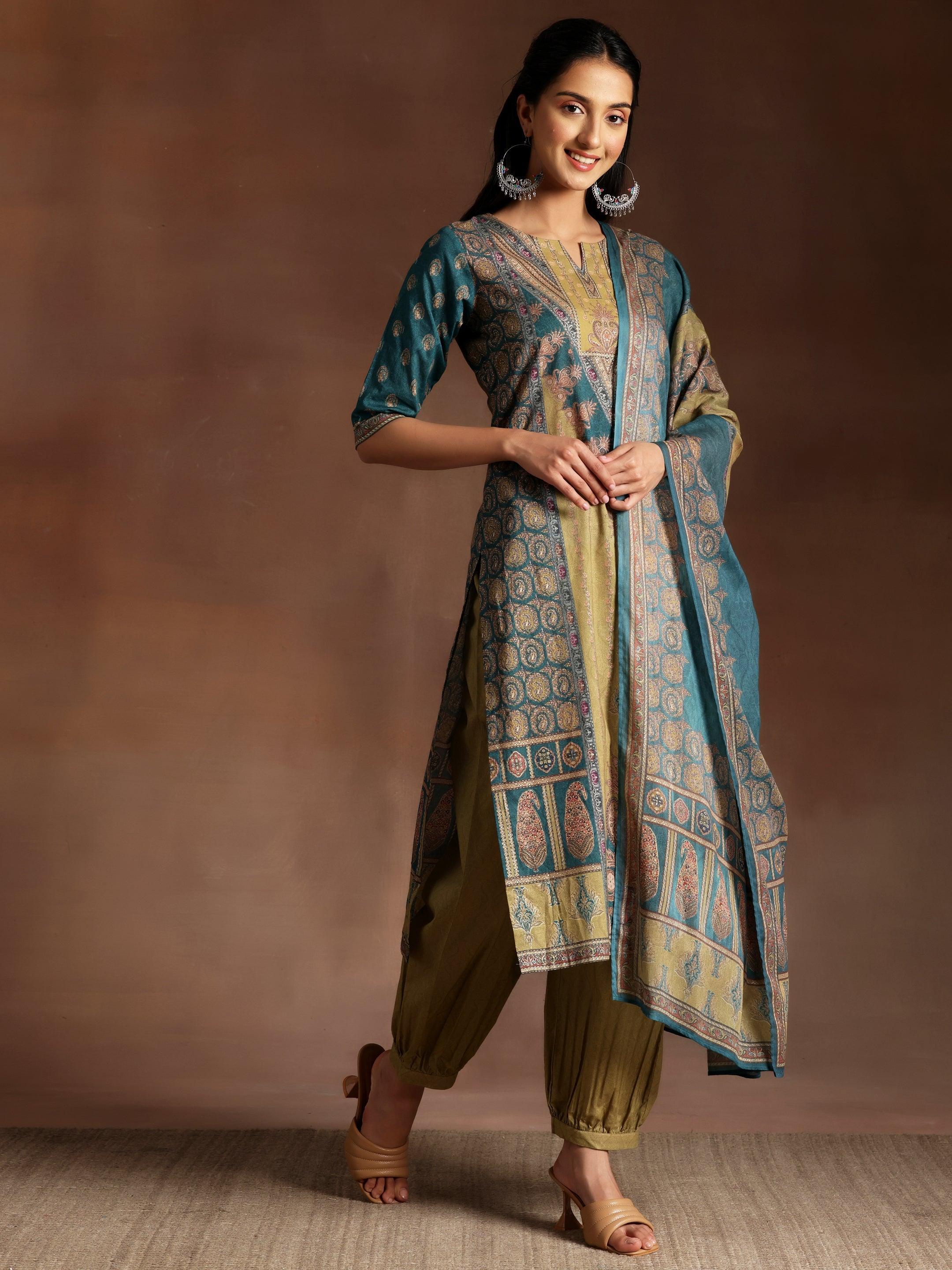 Multicoloured Printed Crepe Straight Suit With Dupatta