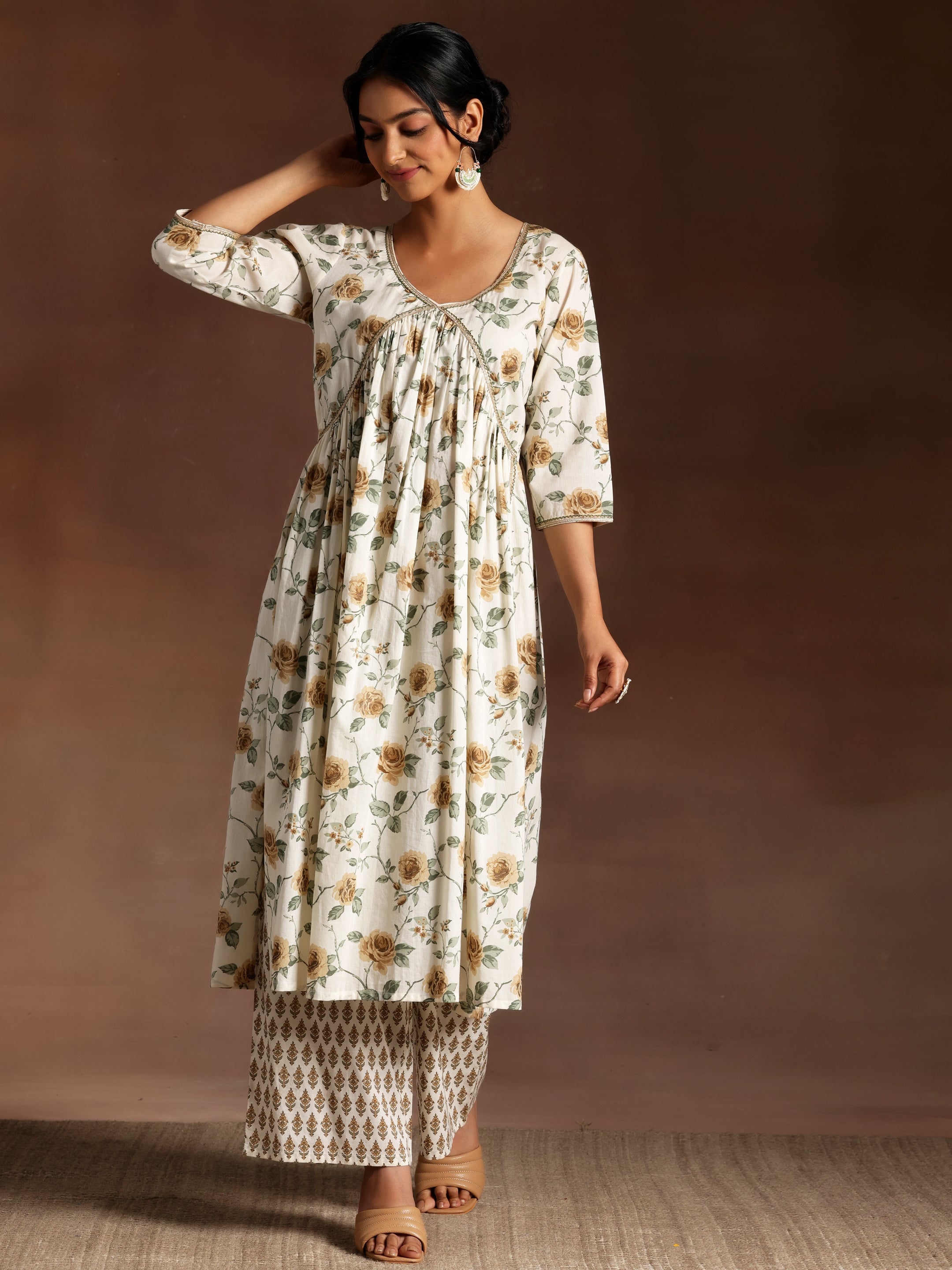 Off White Printed Cotton A-Line Kurta With Palazzos