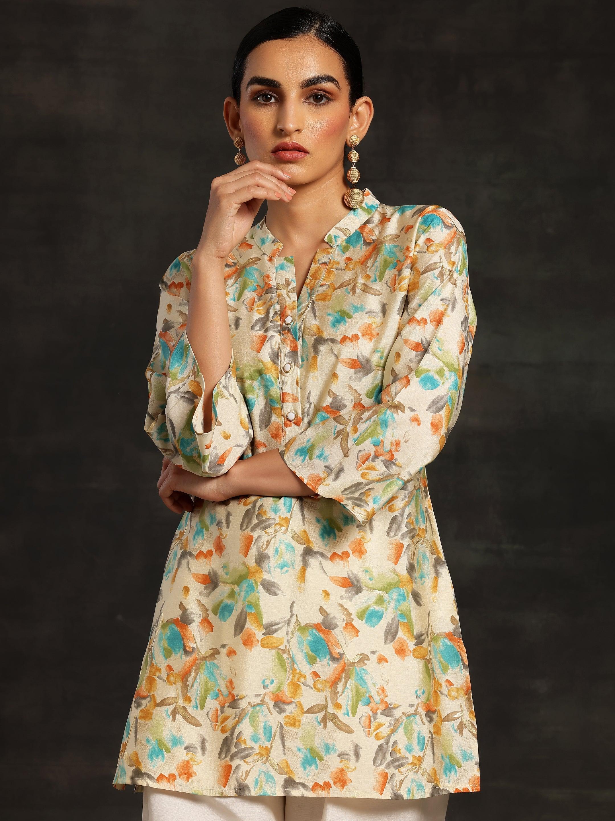 Beige Printed Silk Blend Straight Kurtis