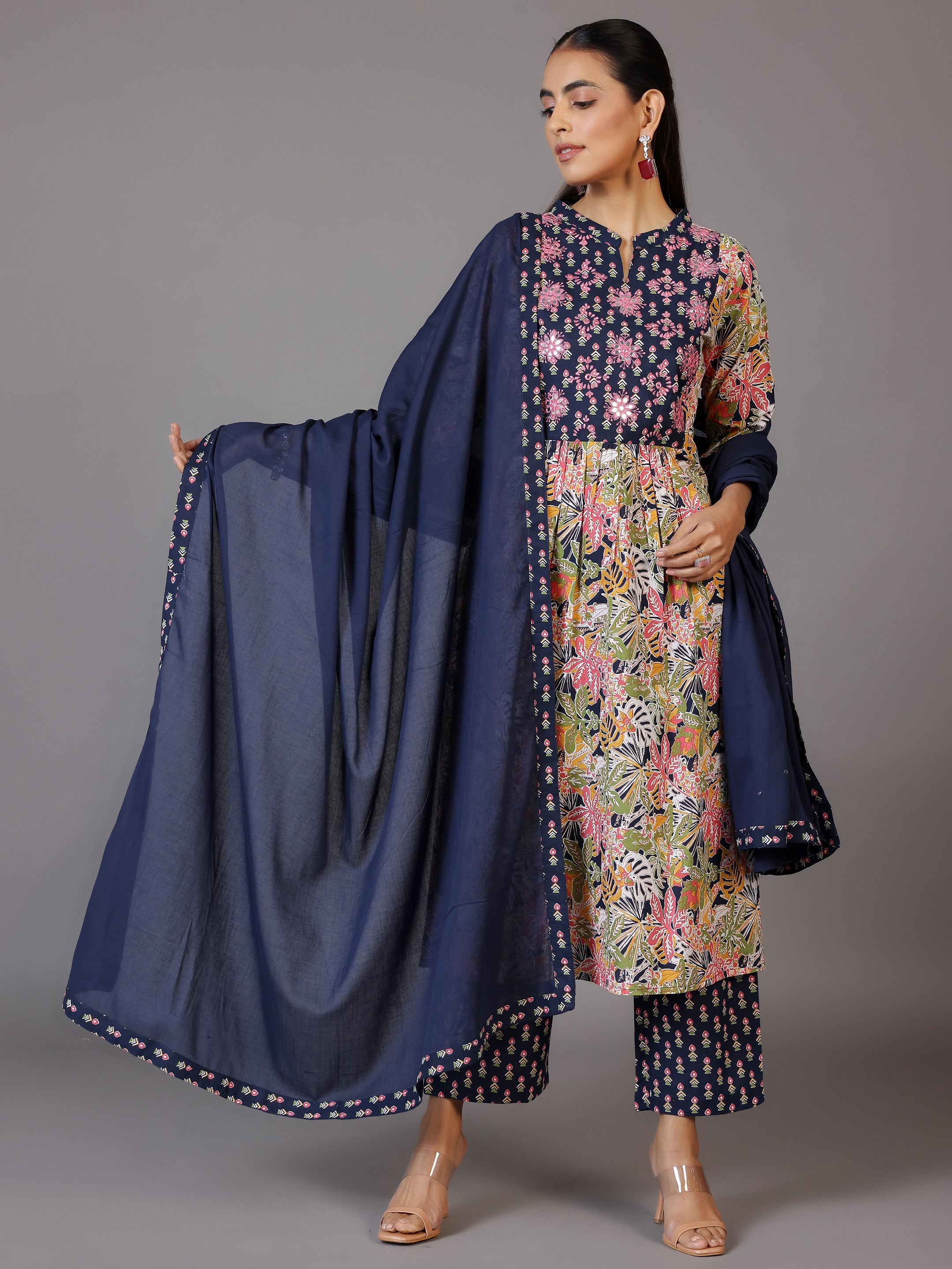 Blue Printed Cotton Straight Suit With Dupatta