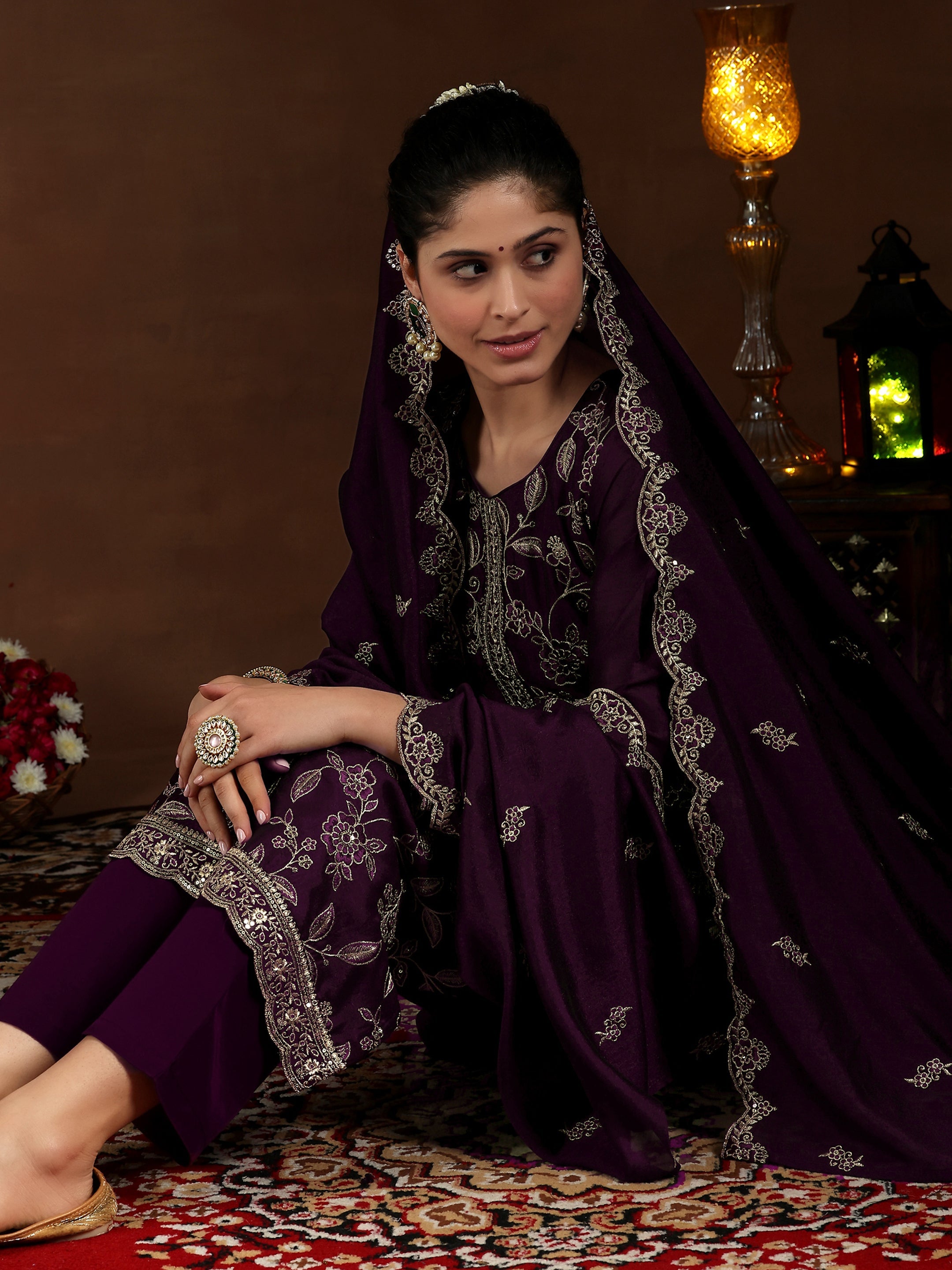 Wine Embroidered Silk Blend Straight Suit With Dupatta