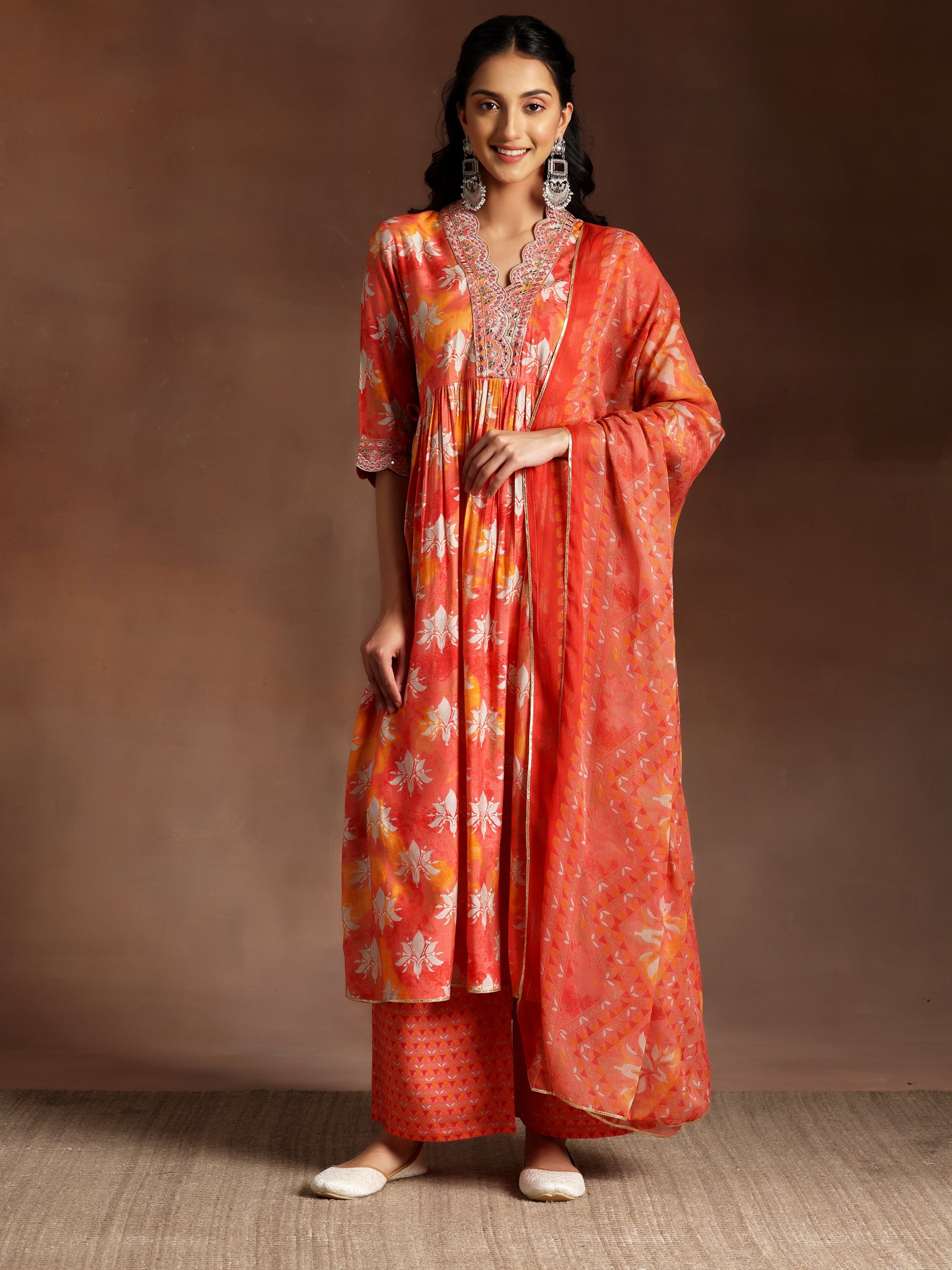 Saanjh Orange Printed Silk Blend A-Line Kurta With Palazzos & Dupatta