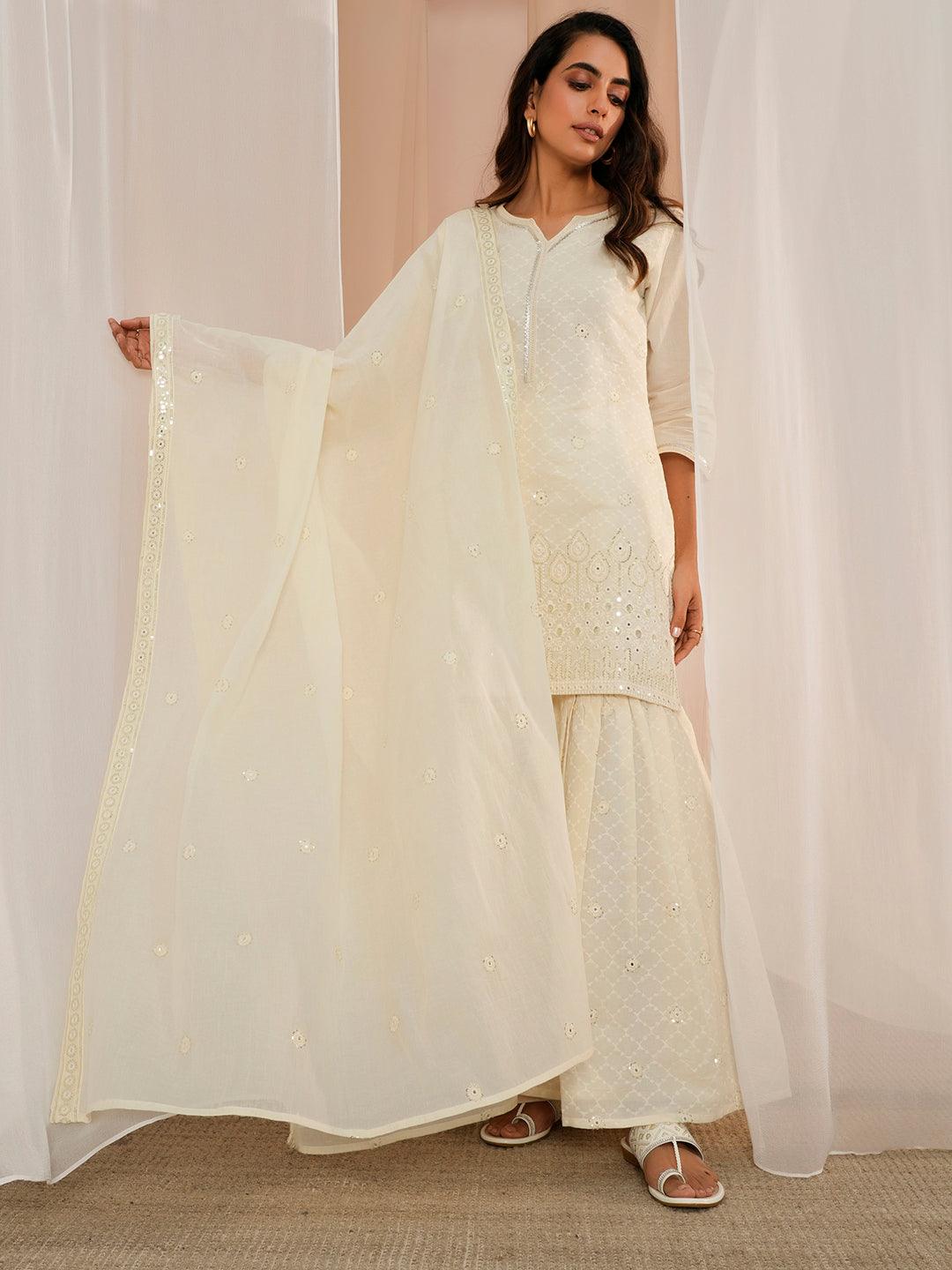 Off White Embroidered Cotton Straight Suit With Dupatta