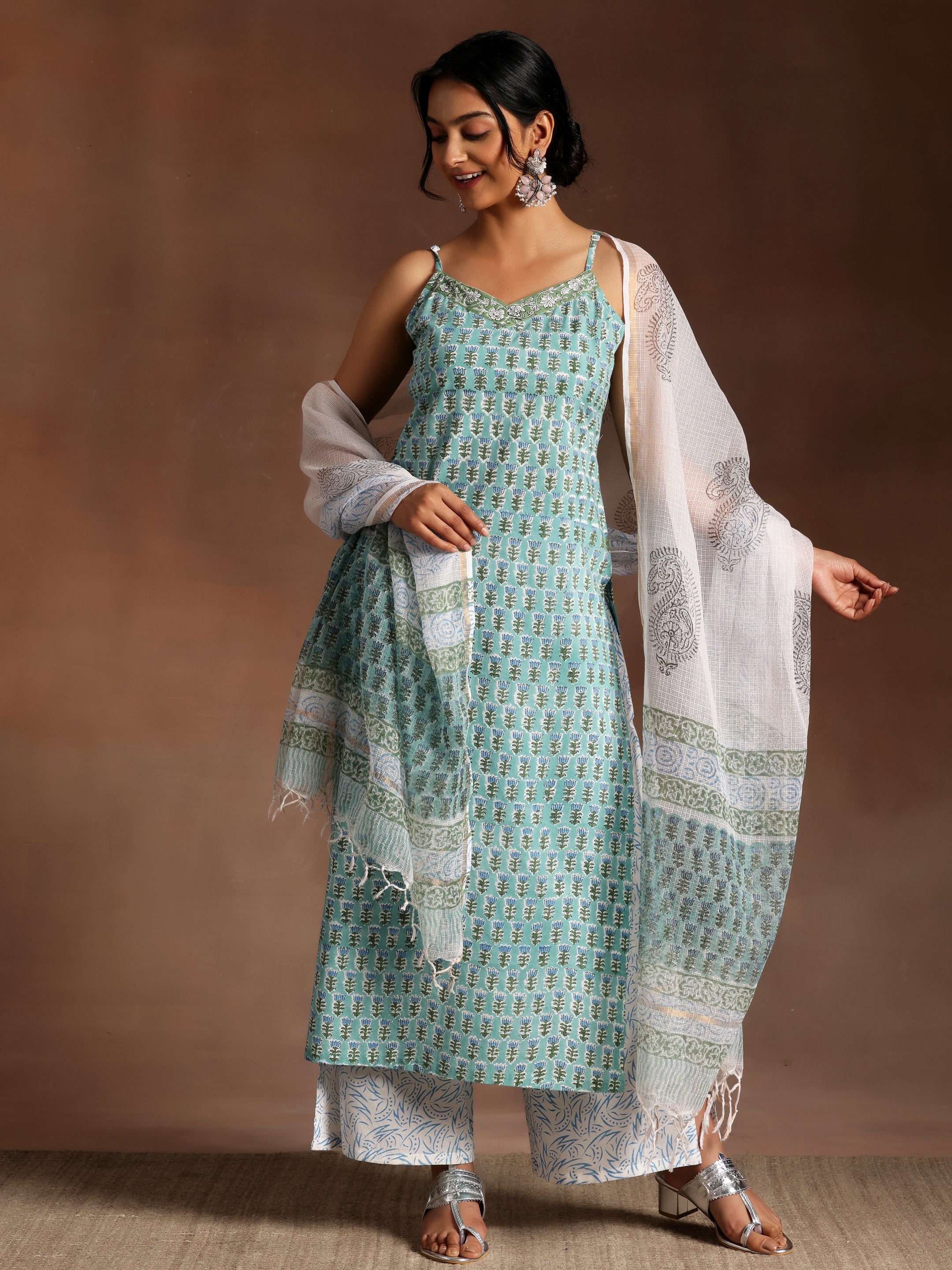 Green Printed Cotton Straight Suit With Dupatta