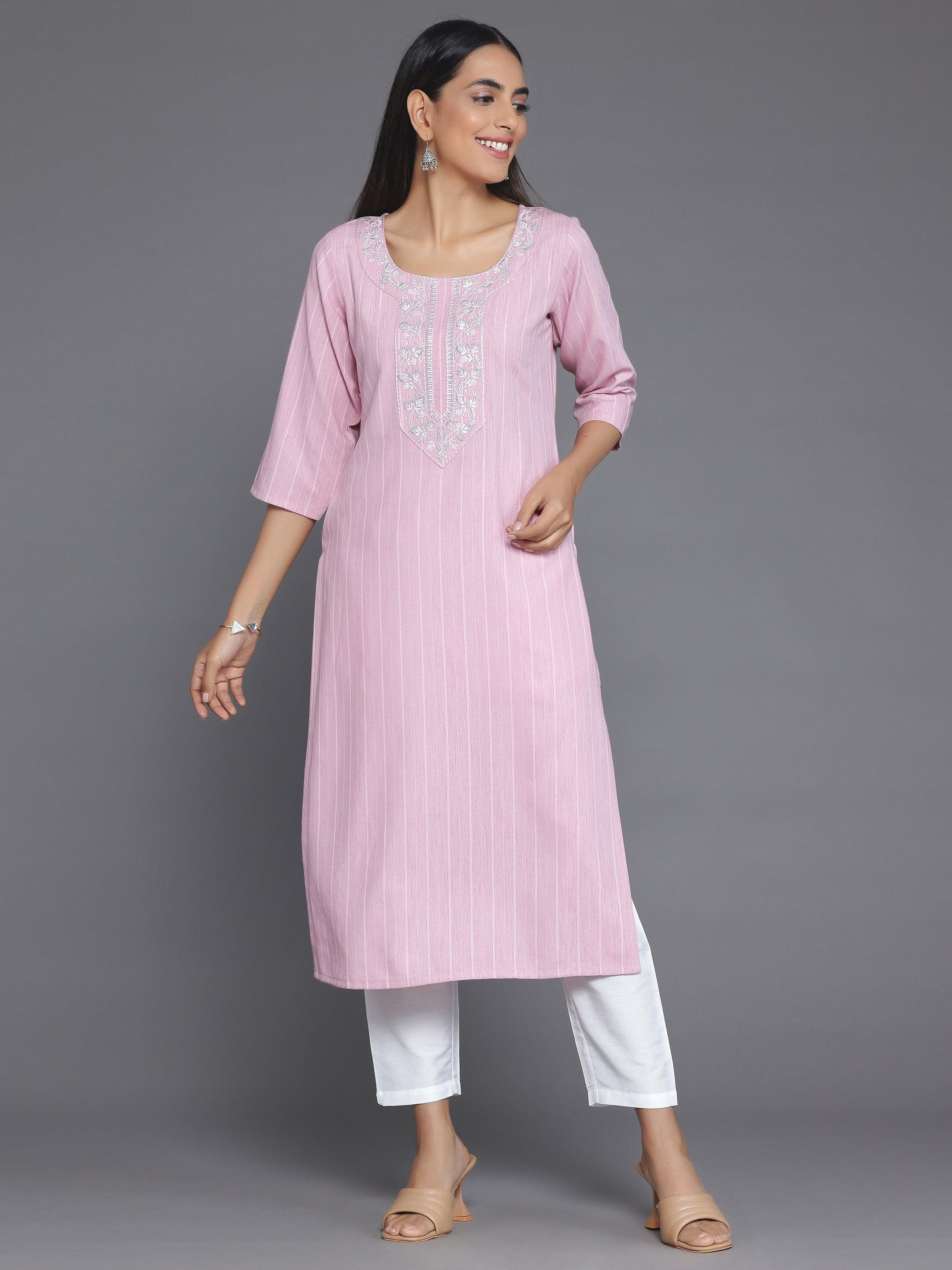 Pink Woven Design Rayon Straight Kurta