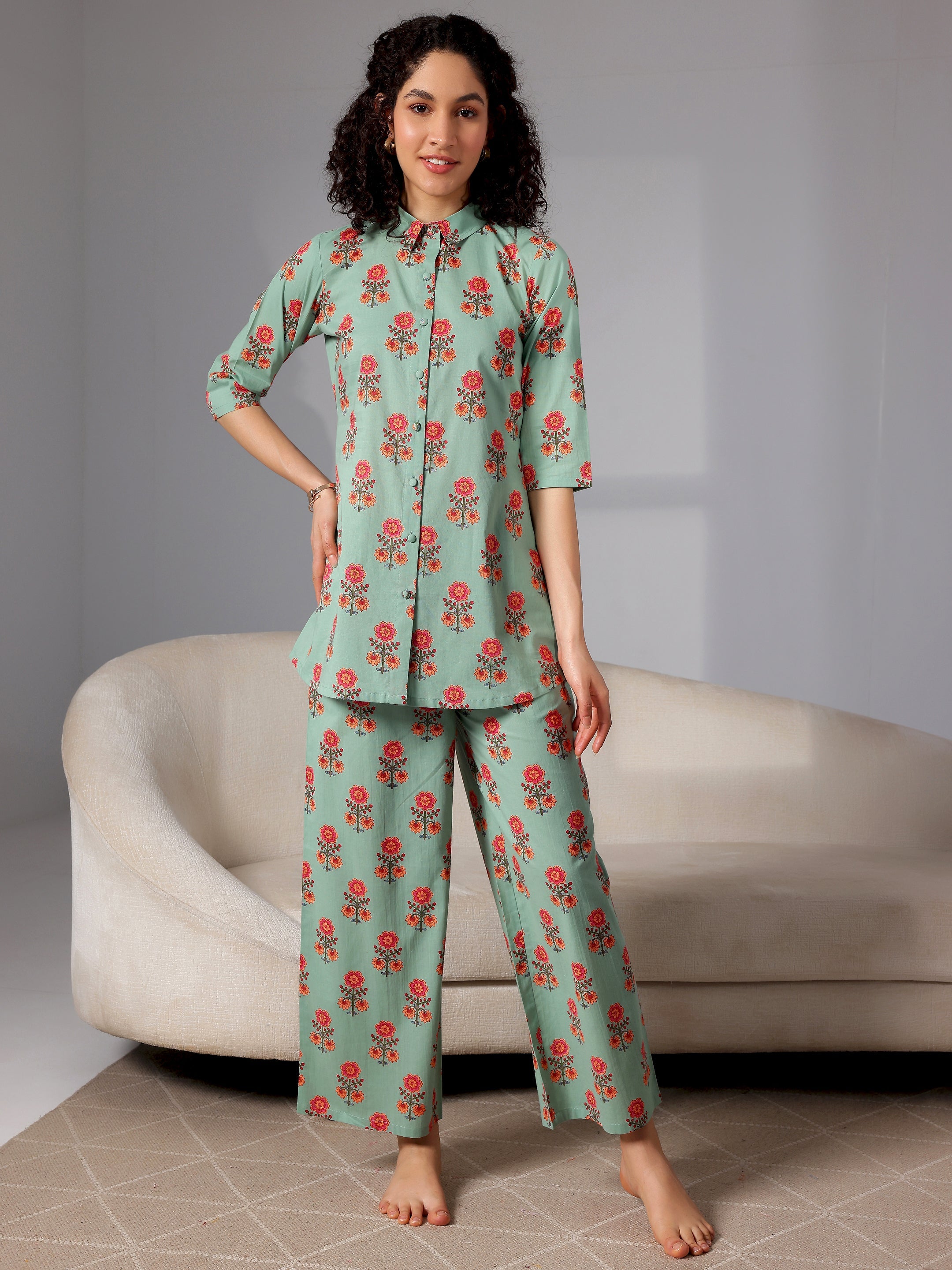 Green Printed Cotton Night Suits