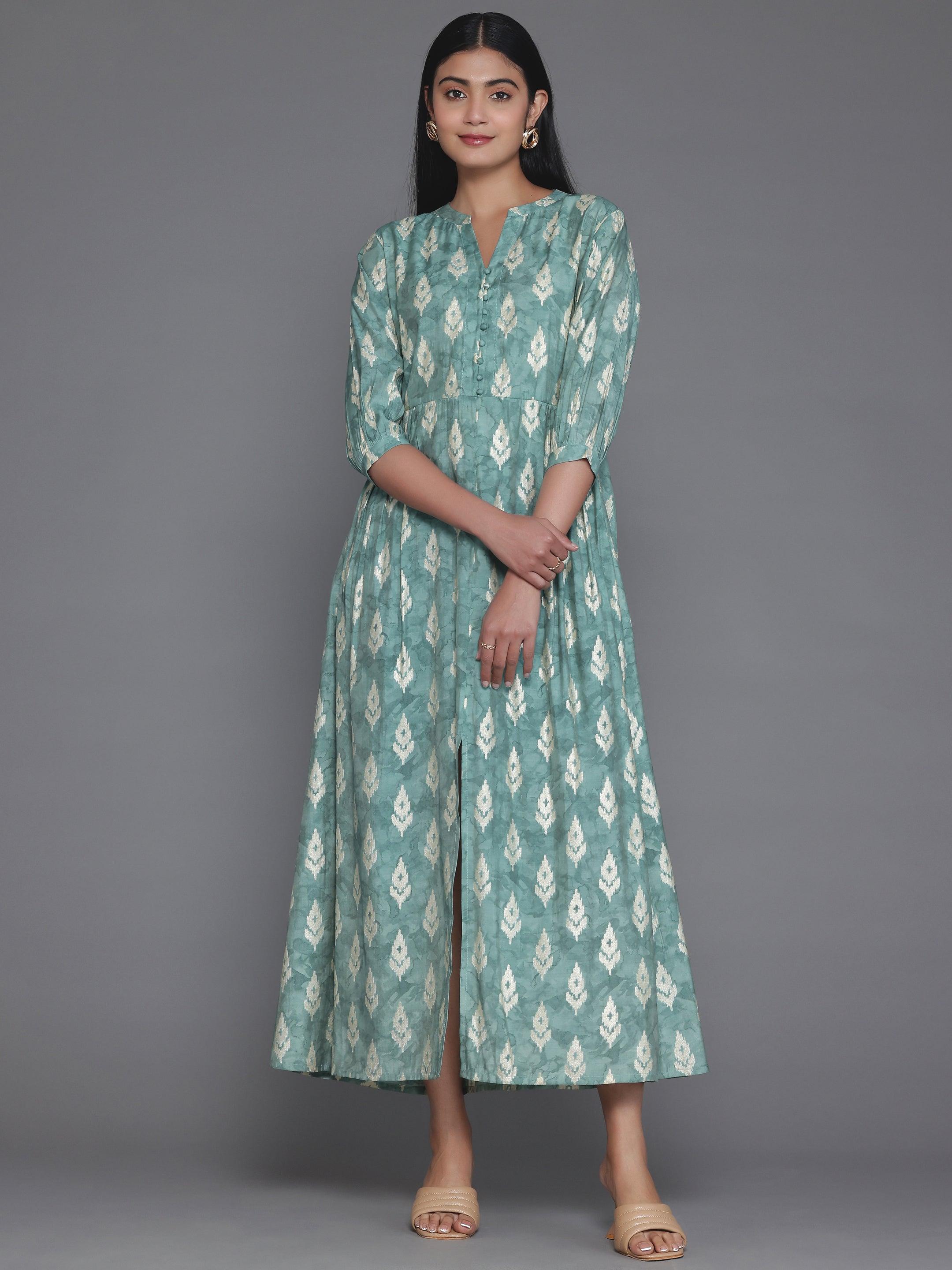 Green Printed Silk Fit and Flare Dress