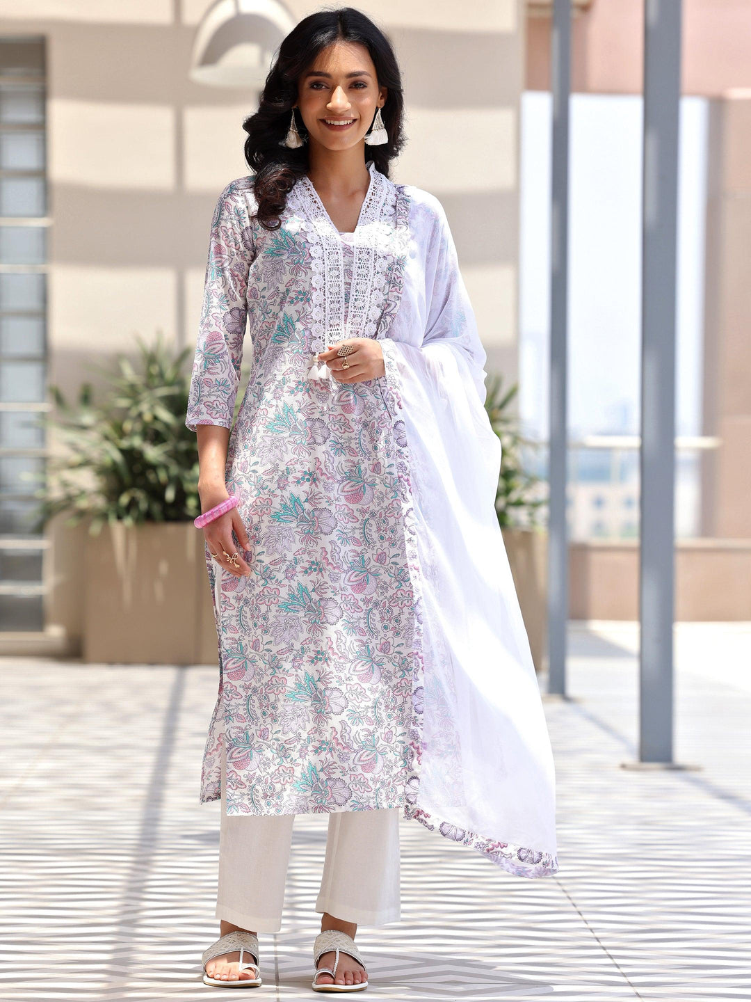 Off White Printed Cotton Straight Suit With Dupatta - Libas