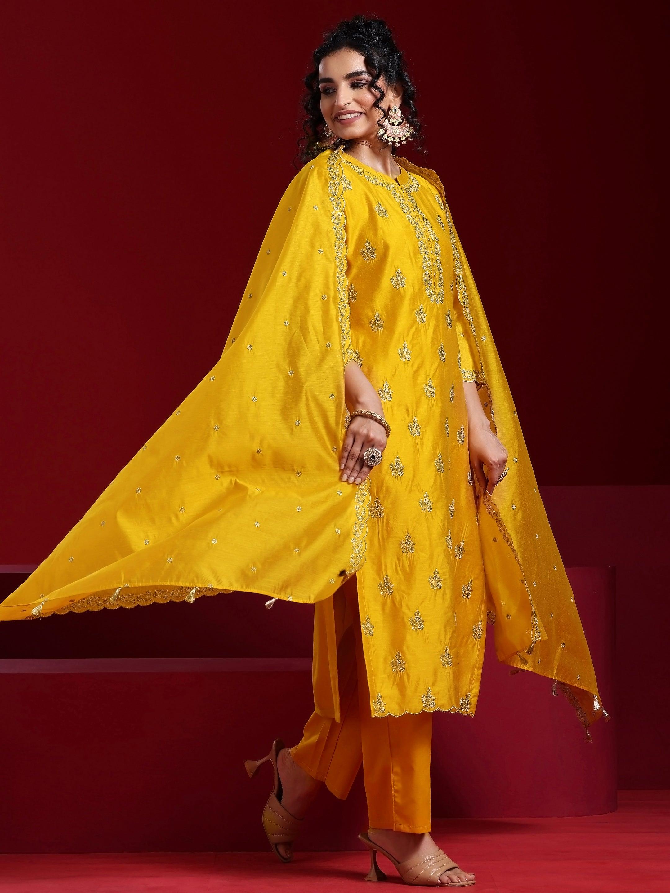 Libas Art Mustard Embroidered Chanderi Silk Straight Suit With Dupatta