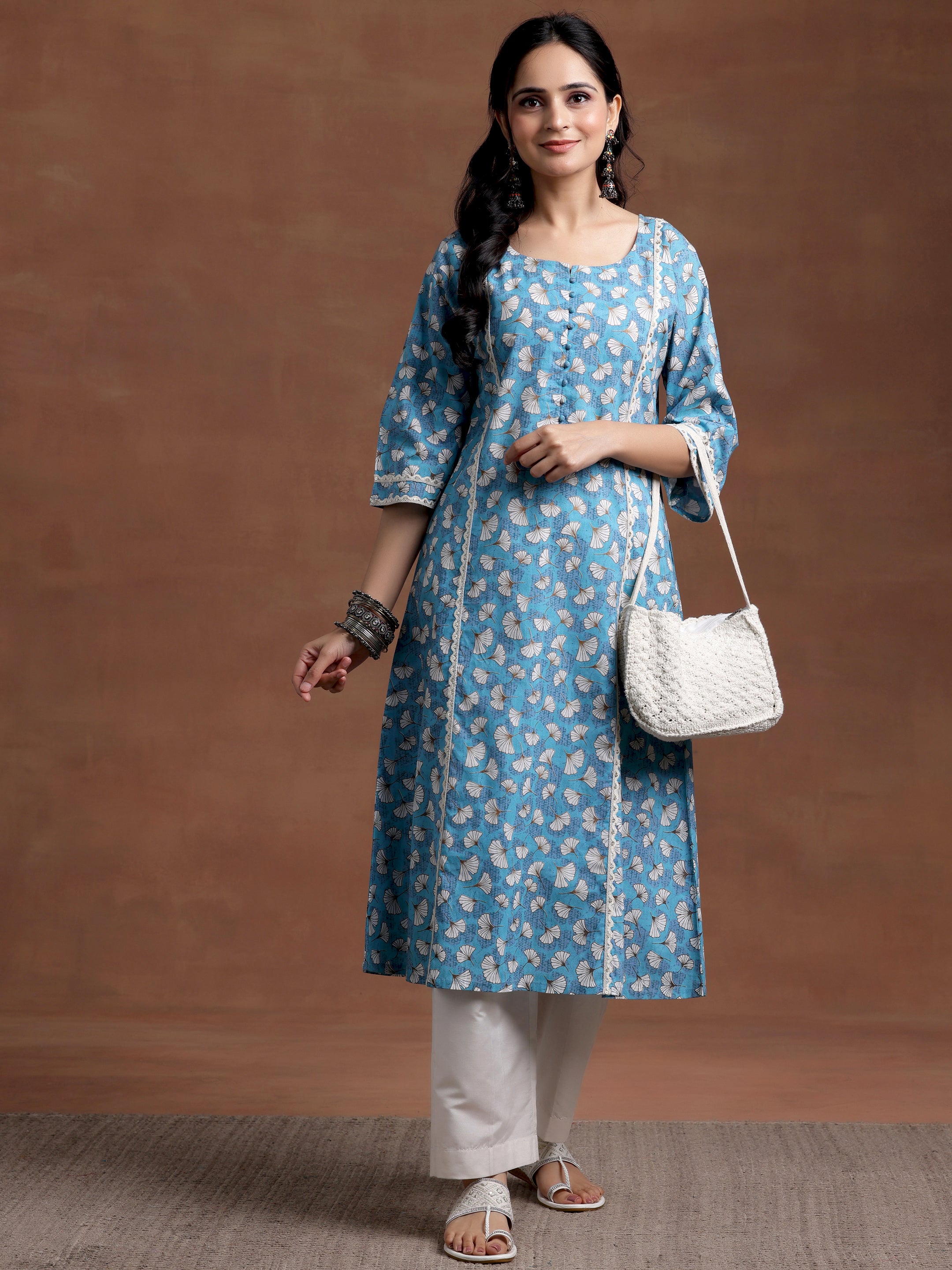 Blue Printed Cotton A-Line Kurta