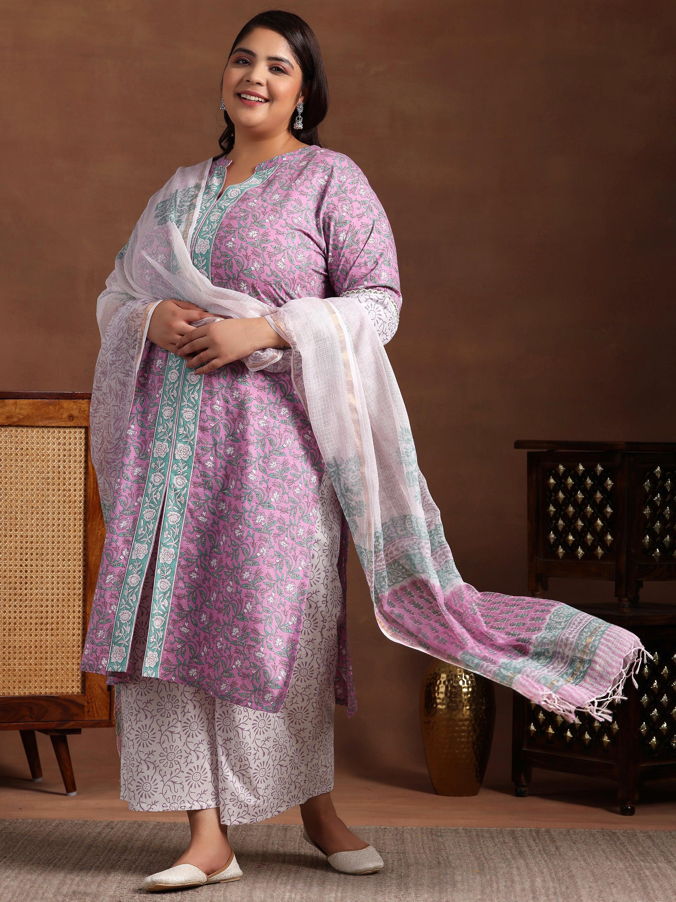 Plus Size Pink Printed Cotton Straight Suit With Dupatta