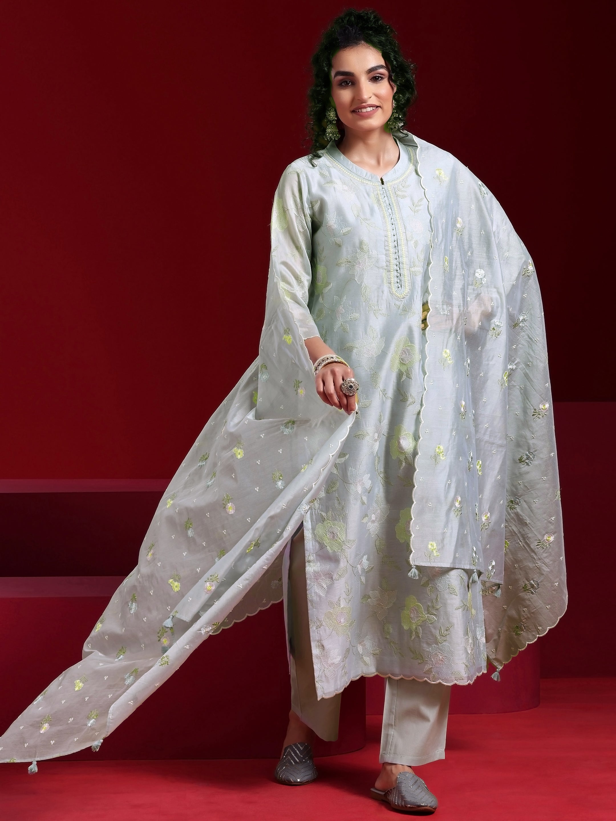 Libas Art Blue Embroidered Chanderi Silk Straight Suit With Dupatta